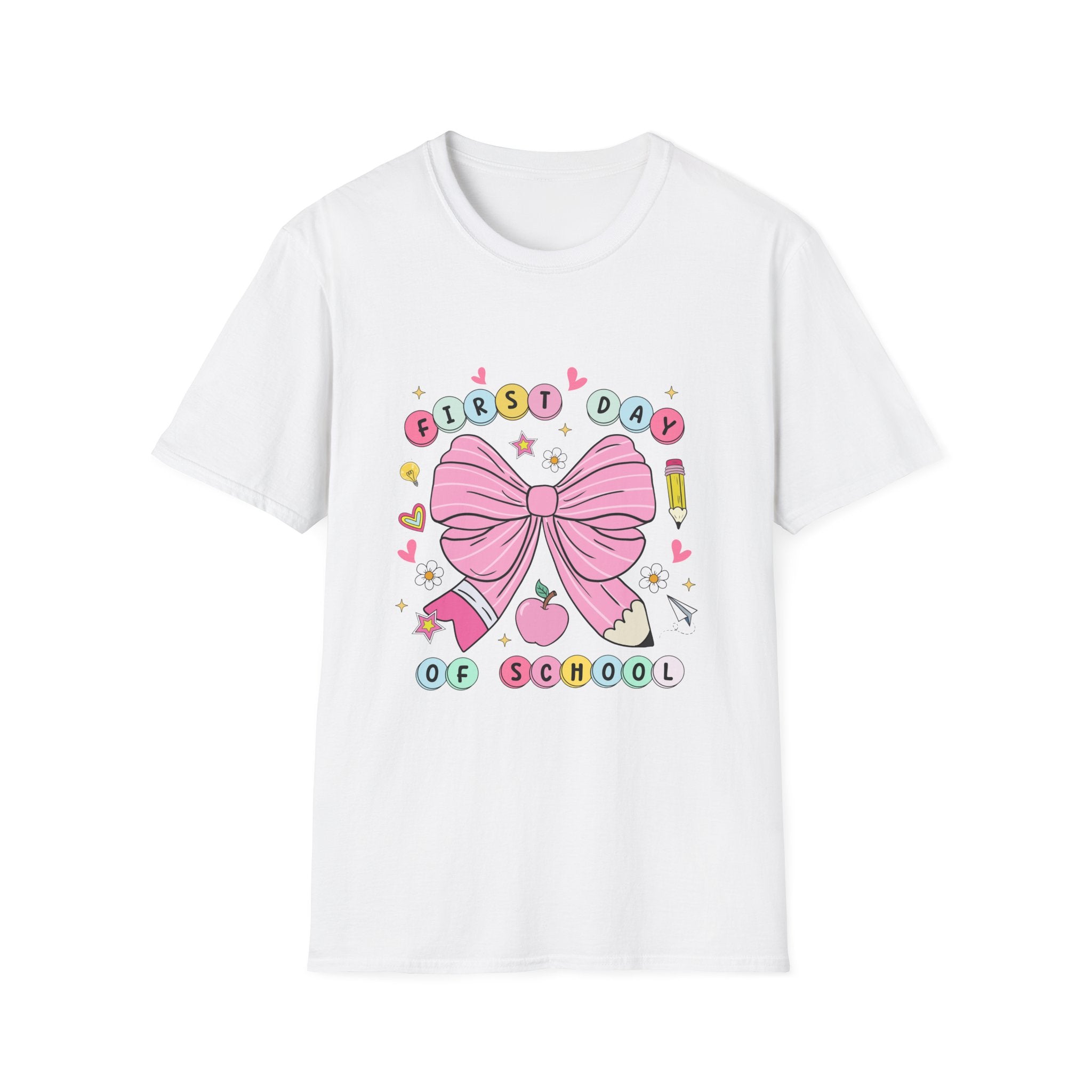 First Day of School Unisex T-Shirt - Cute Kids Tee, Back-to-School Shirt, Gift for Students, Colorful Bow Design, Fun School Apparel