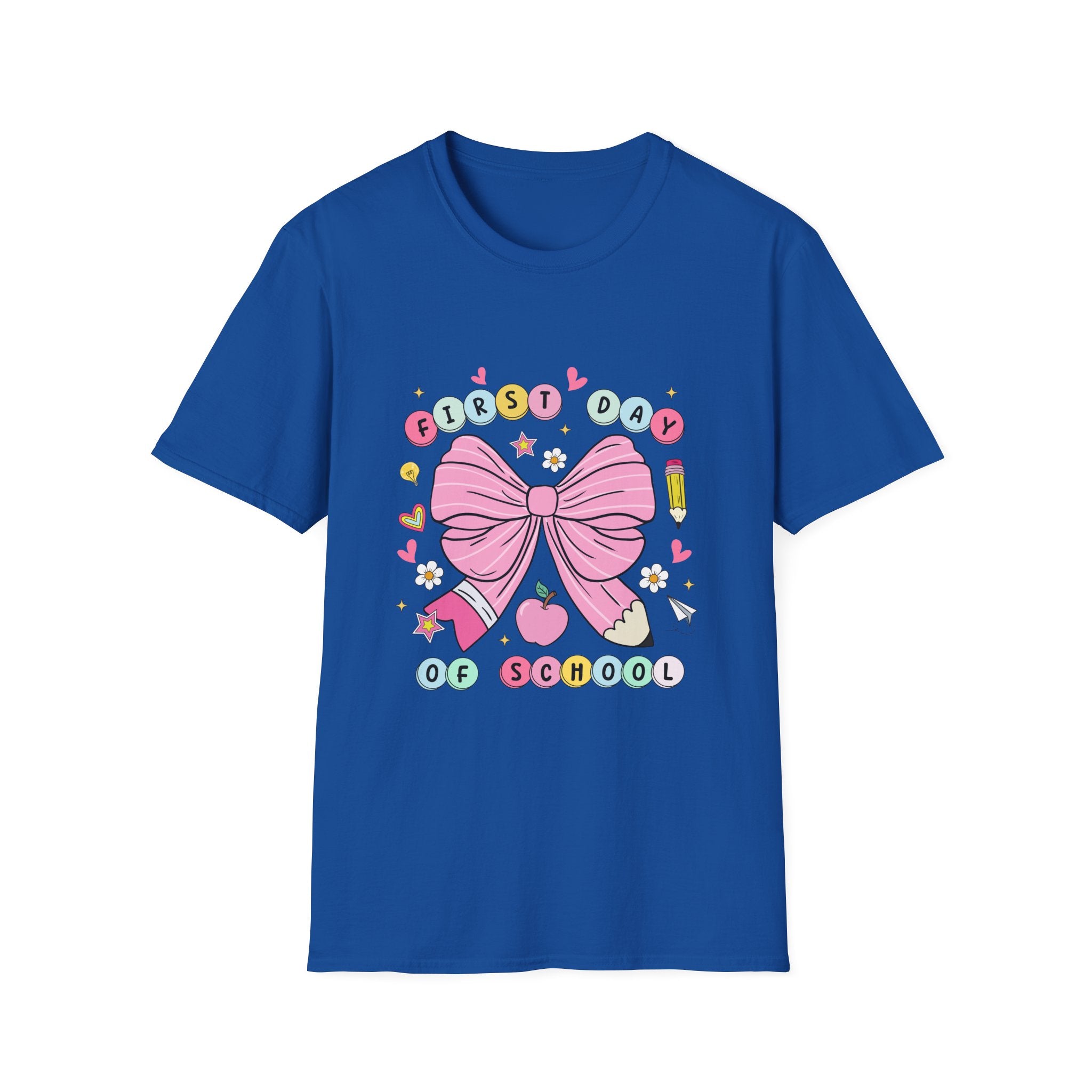 First Day of School Unisex T-Shirt - Cute Kids Tee, Back-to-School Shirt, Gift for Students, Colorful Bow Design, Fun School Apparel