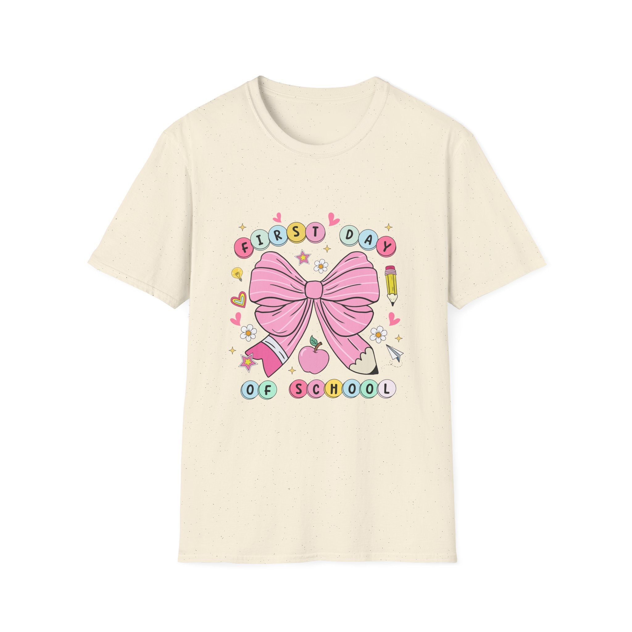 First Day of School Unisex T-Shirt - Cute Kids Tee, Back-to-School Shirt, Gift for Students, Colorful Bow Design, Fun School Apparel