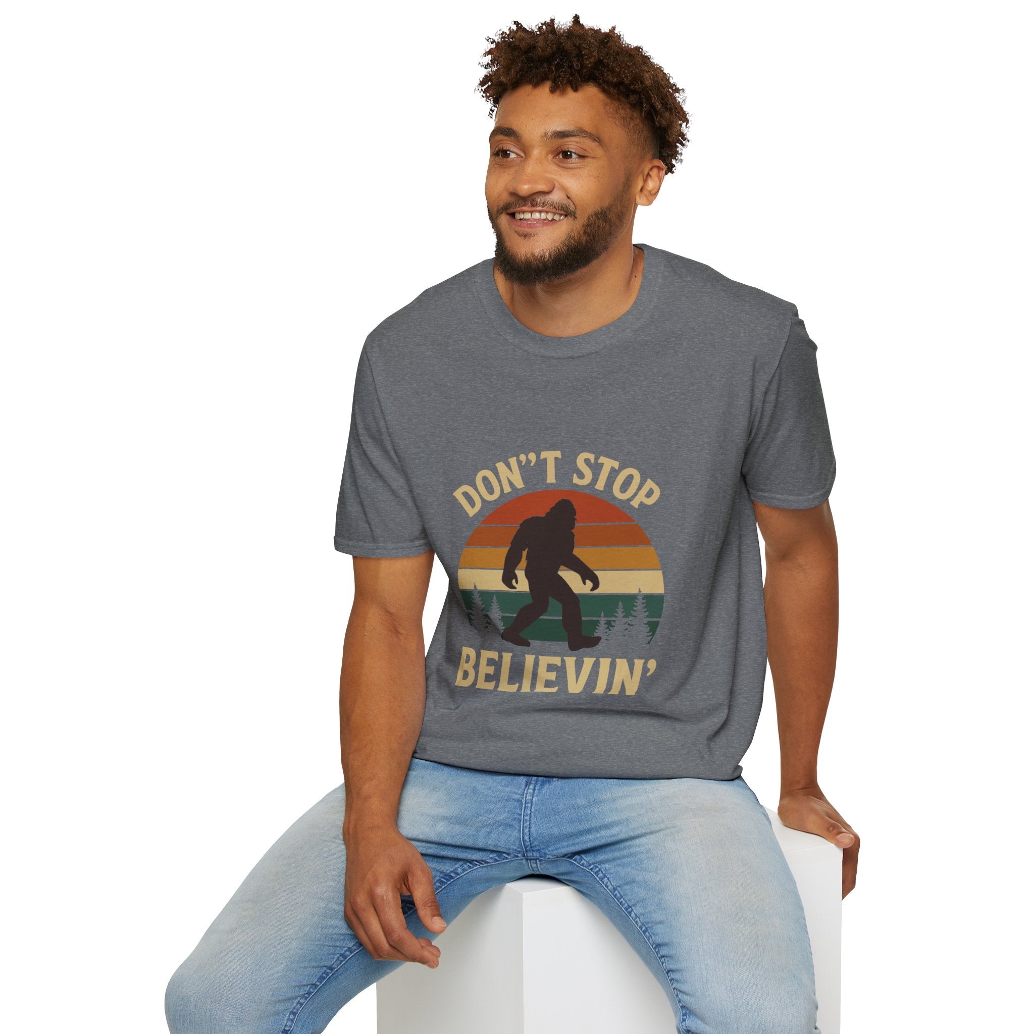 Don't Stop Believin' Unisex Softstyle T-Shirt, Inspirational Tee, Music Lover Gift, Motivational Shirt, Retro Graphic Top