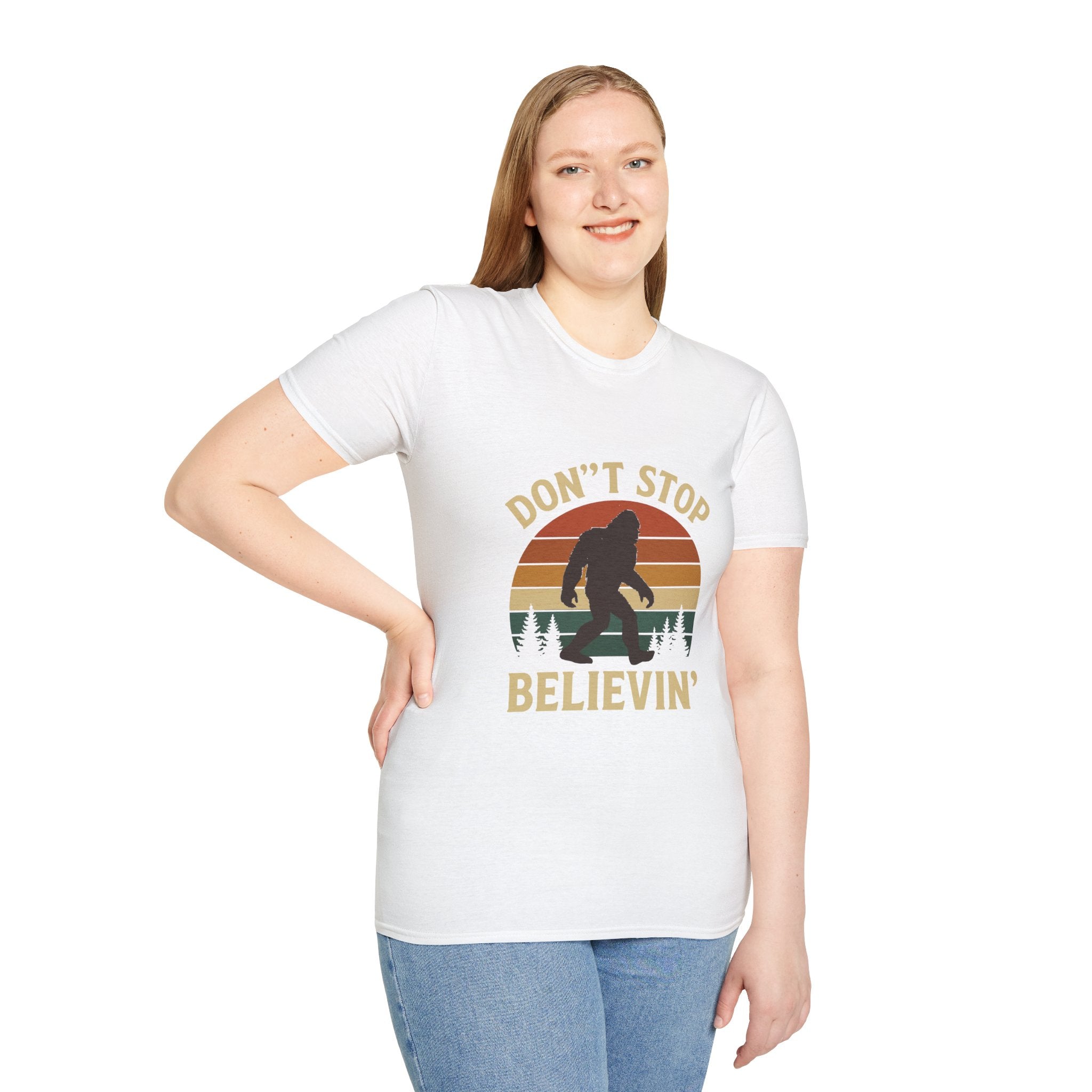 Don't Stop Believin' Unisex Softstyle T-Shirt, Inspirational Tee, Music Lover Gift, Motivational Shirt, Retro Graphic Top