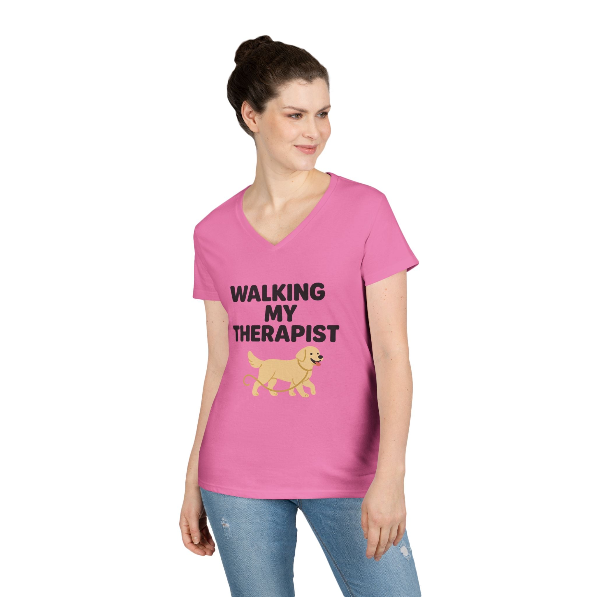 Dog Walking Therapy Ladies' V-Neck T-Shirt, Women's Graphic Tee, Pet Lover Gift, Animal Print Top, Casual Apparel