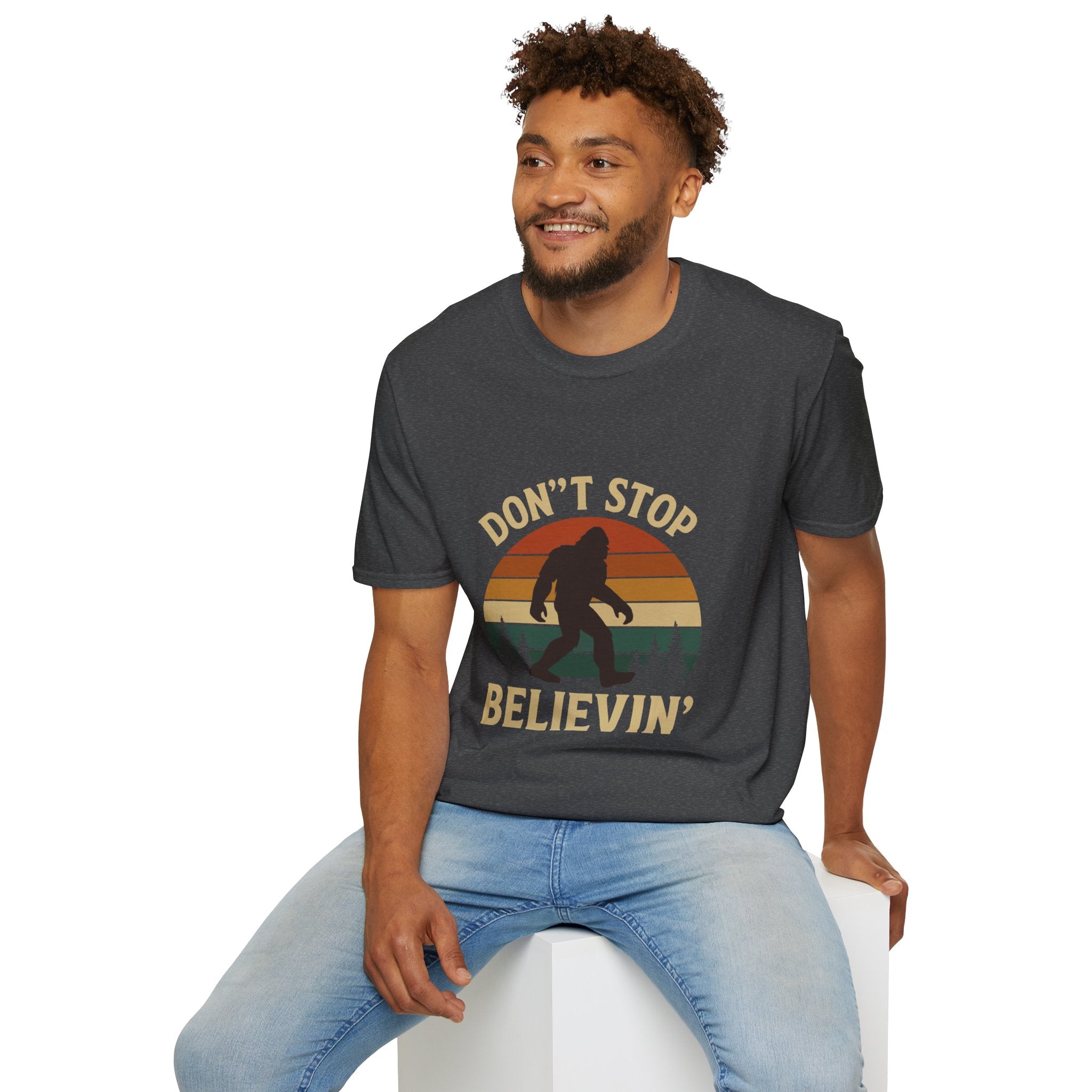 Don't Stop Believin' Unisex Softstyle T-Shirt, Inspirational Tee, Music Lover Gift, Motivational Shirt, Retro Graphic Top