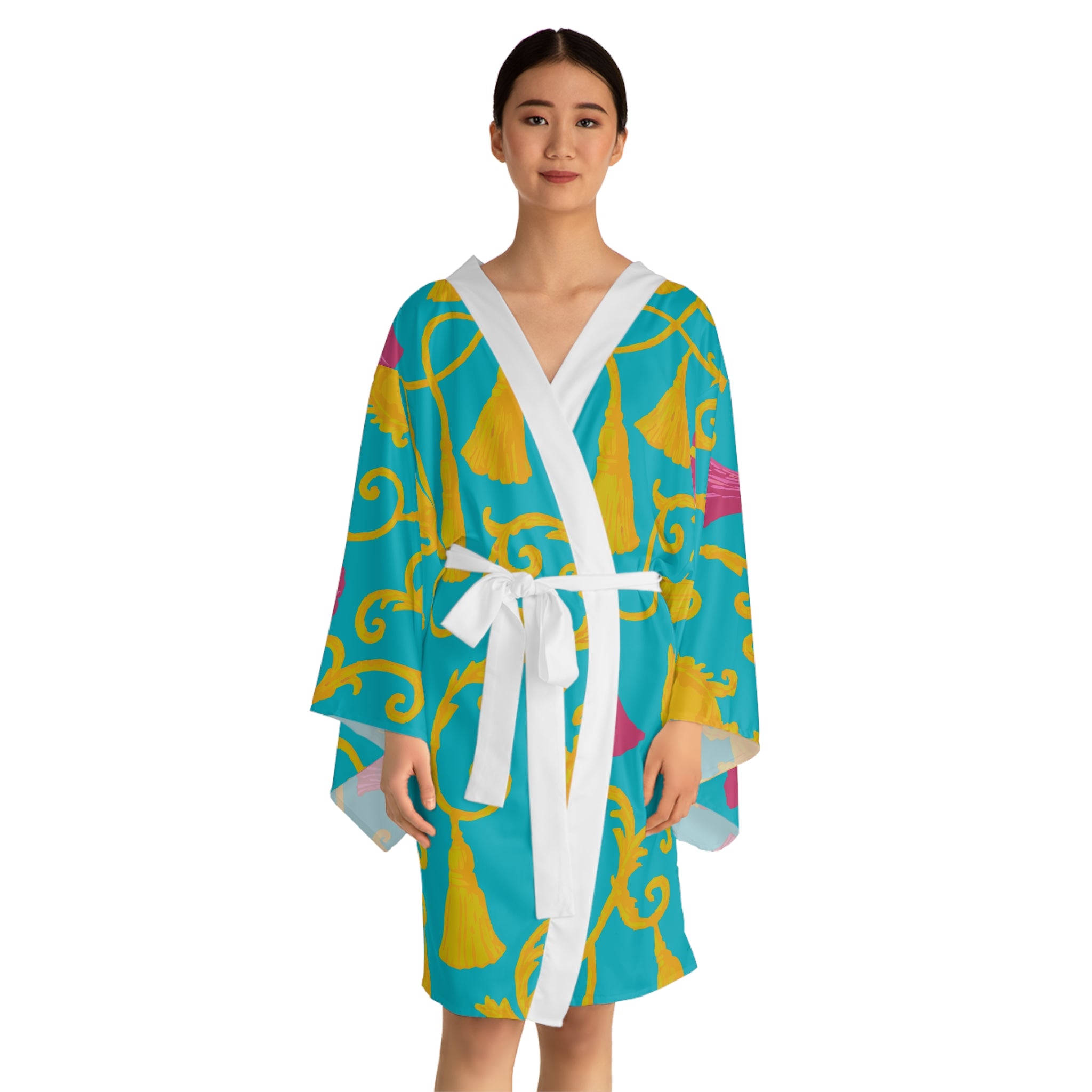 Vibrant Tassel Print Long Sleeve Kimono Robe, Relaxed Lounge Wear, Gift for Her, Beach Cover-Up, Cozy Homewear, Mother's Day, Spa Day