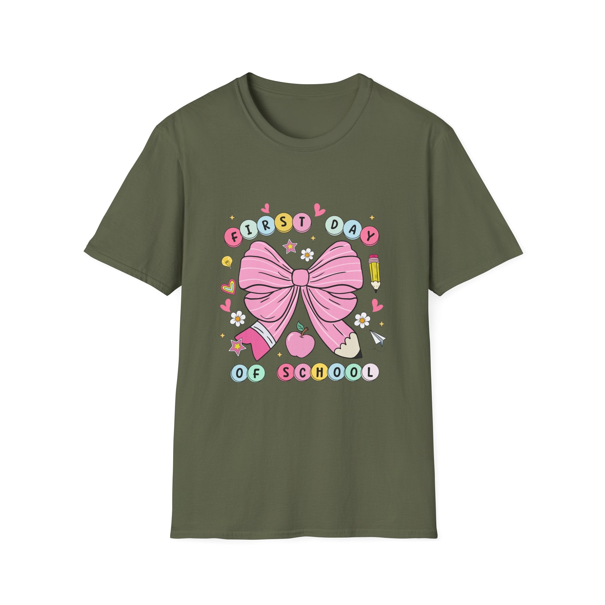 First Day of School Unisex T-Shirt - Cute Kids Tee, Back-to-School Shirt, Gift for Students, Colorful Bow Design, Fun School Apparel
