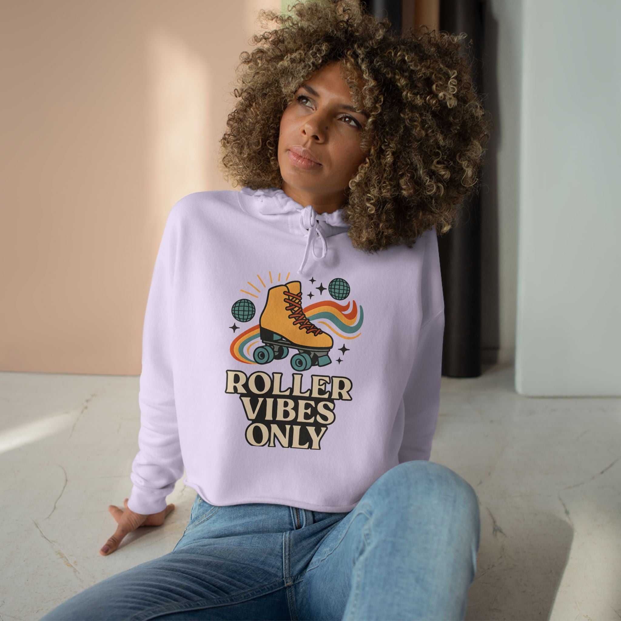 Roller Vibes Crop Hoodie, Retro Skatewear, Gifts for Skaters, Cozy Casual Top, Roller Rink Fashion, 80s Vibe Apparel