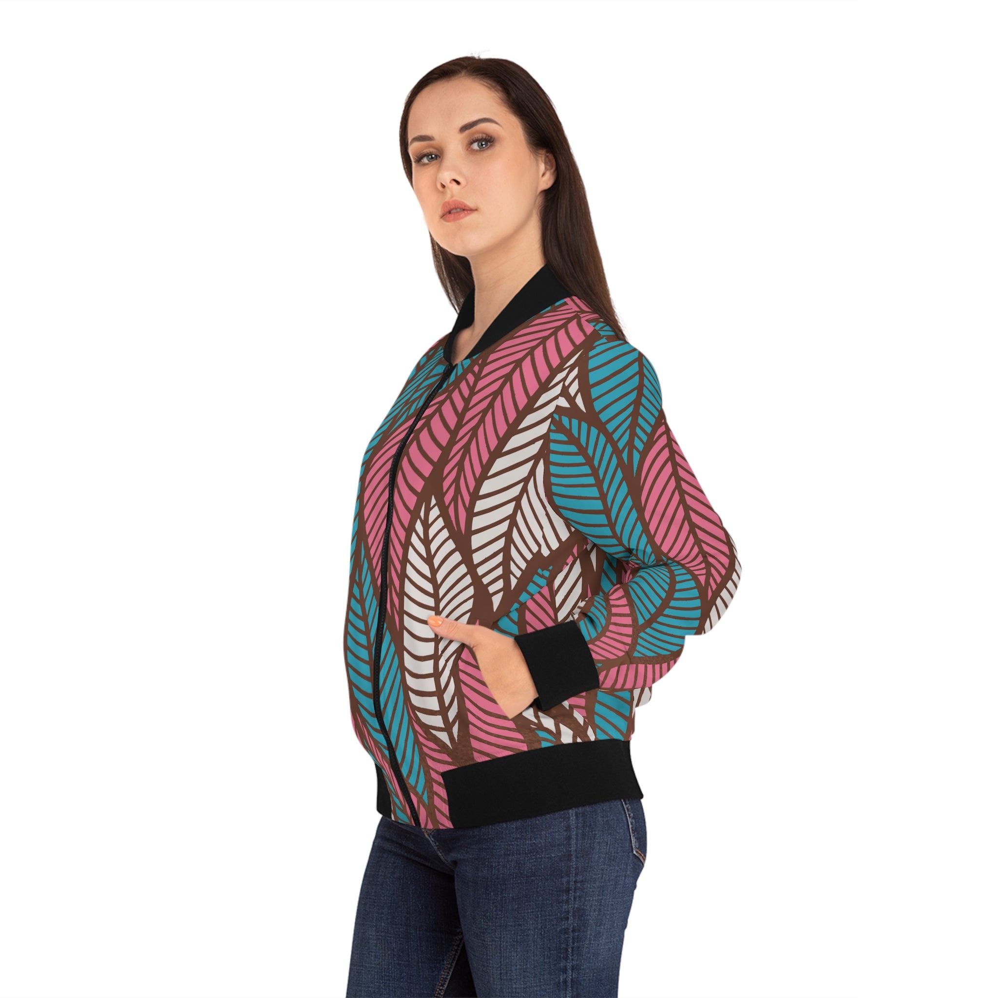 Ankara Women's Bomber Jacket with Leaf Design, Trendy Fall Layering, Stylish Gift for Her, Unique Outfit, Comfortable Fashion Statement