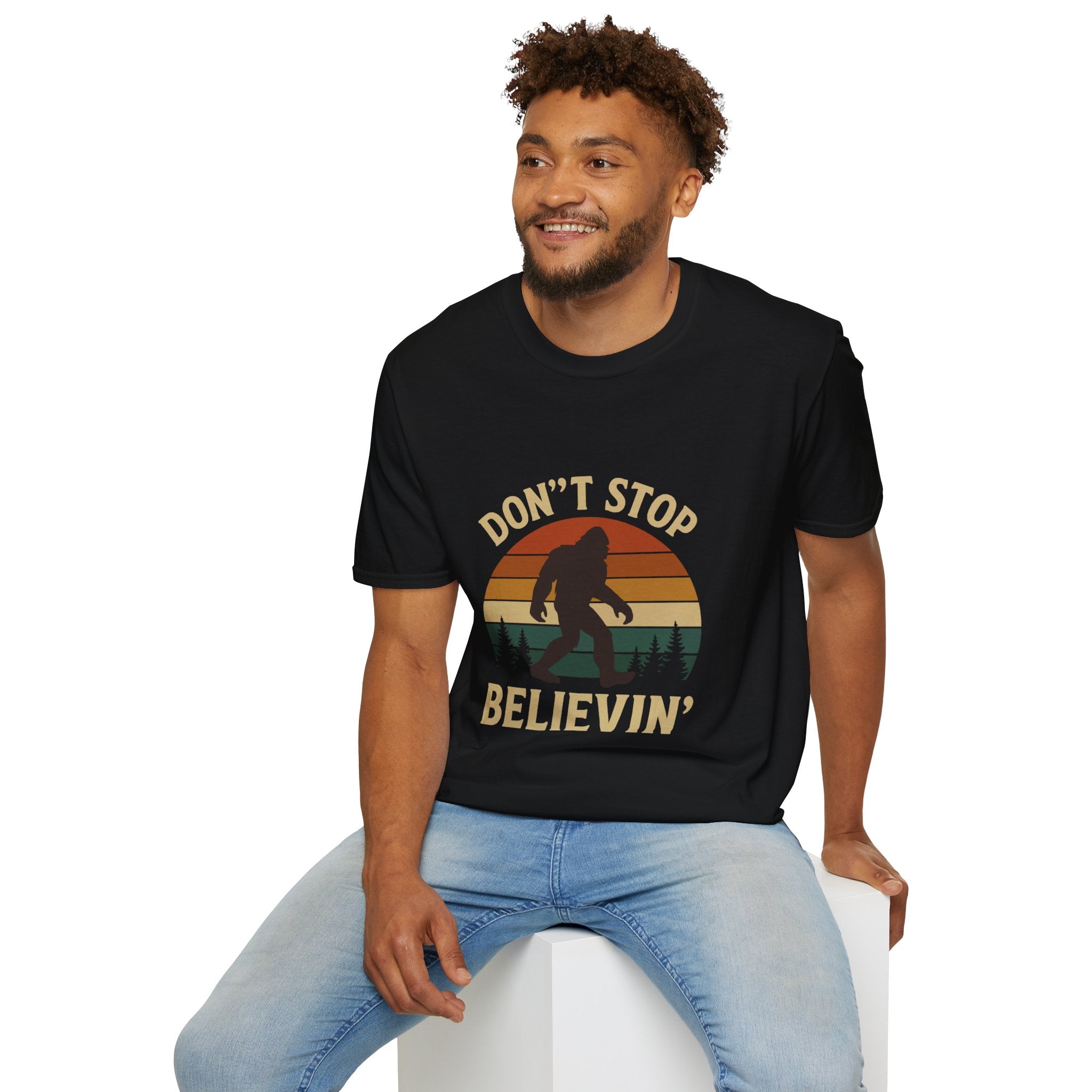 Don't Stop Believin' Unisex Softstyle T-Shirt, Inspirational Tee, Music Lover Gift, Motivational Shirt, Retro Graphic Top