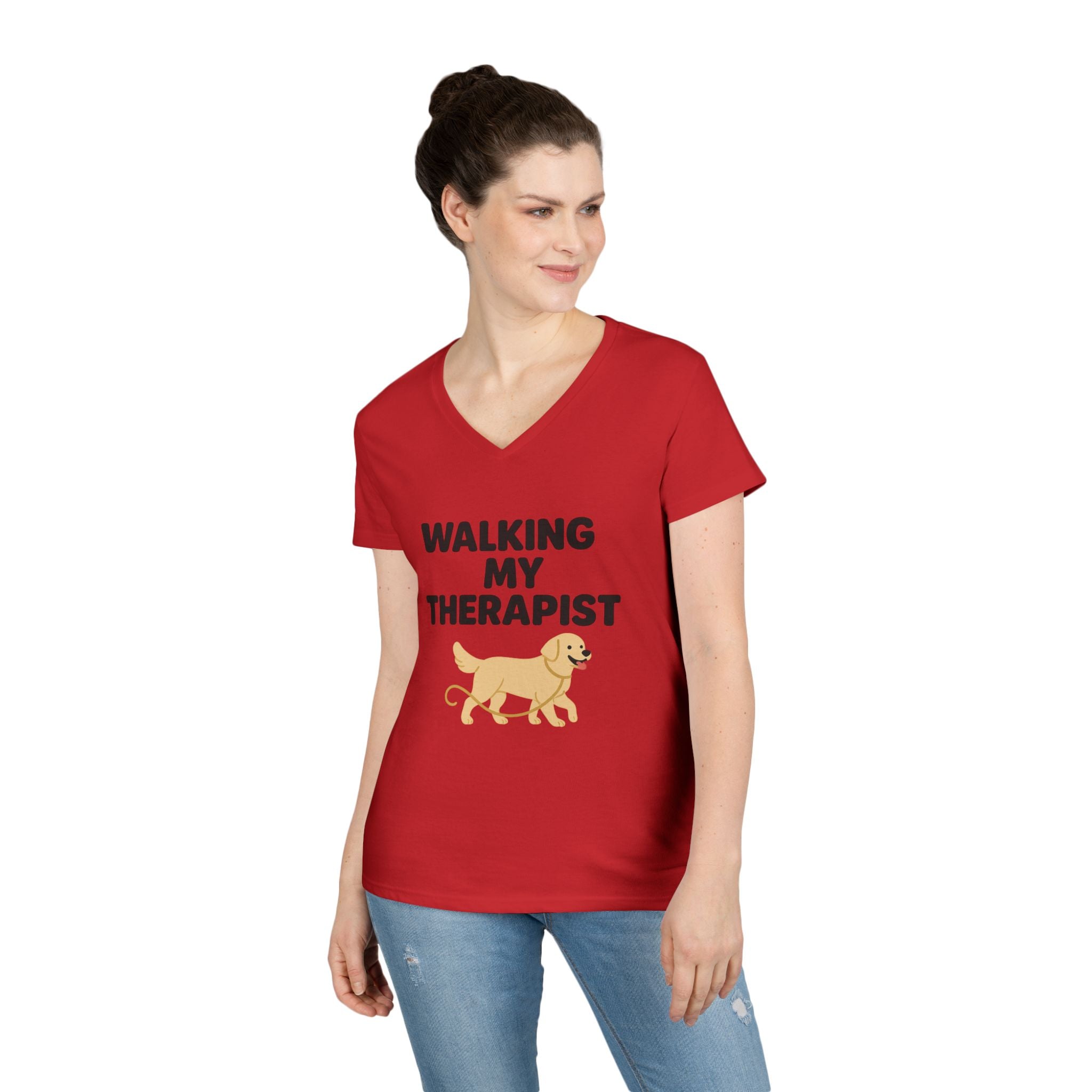 Dog Walking Therapy Ladies' V-Neck T-Shirt, Women's Graphic Tee, Pet Lover Gift, Animal Print Top, Casual Apparel