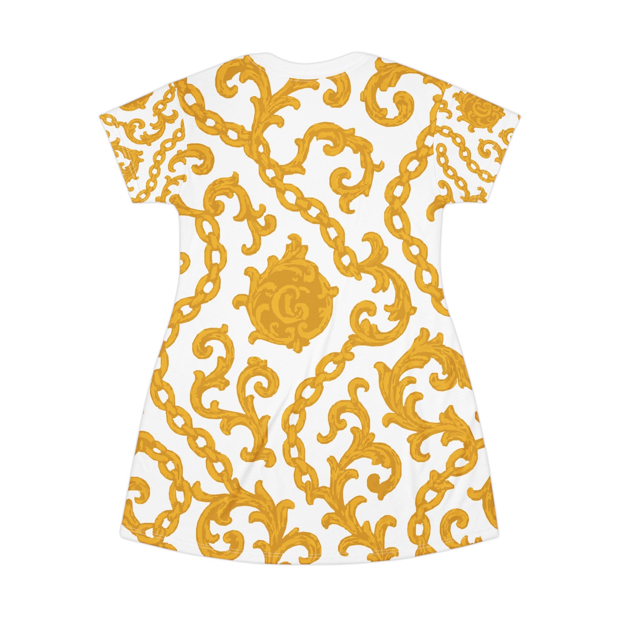 Chic Yellowish Gold Patterned T-Shirt Dress, Trendy Casual Wear, Summer Outfit, Stylish Gift, Everyday Fashion
