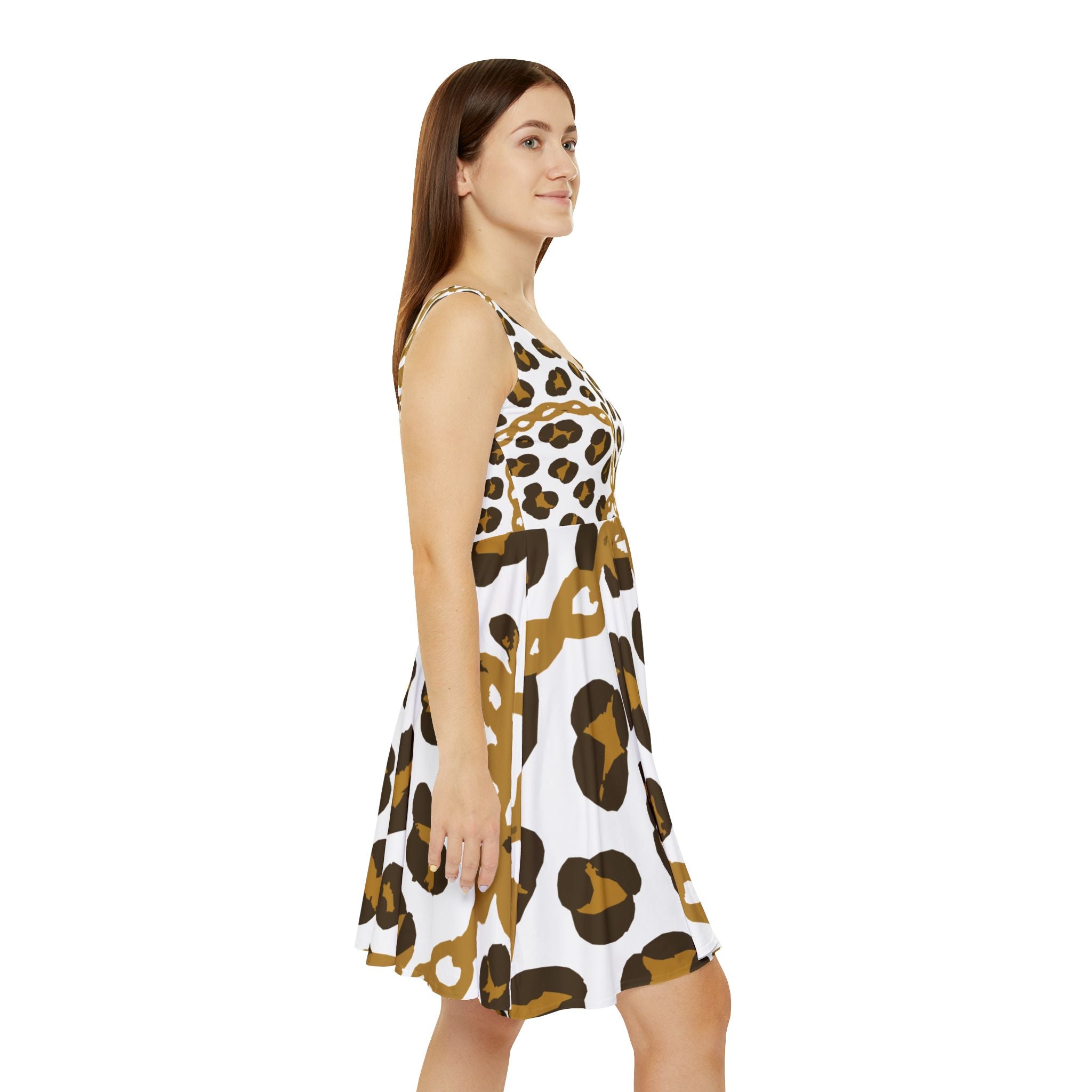 Leopard Print Skater Dress, Animal Print Gold Chain Women's Dress, Stylish Party Outfit, Trendy Sundress, Summer Fashion Dress