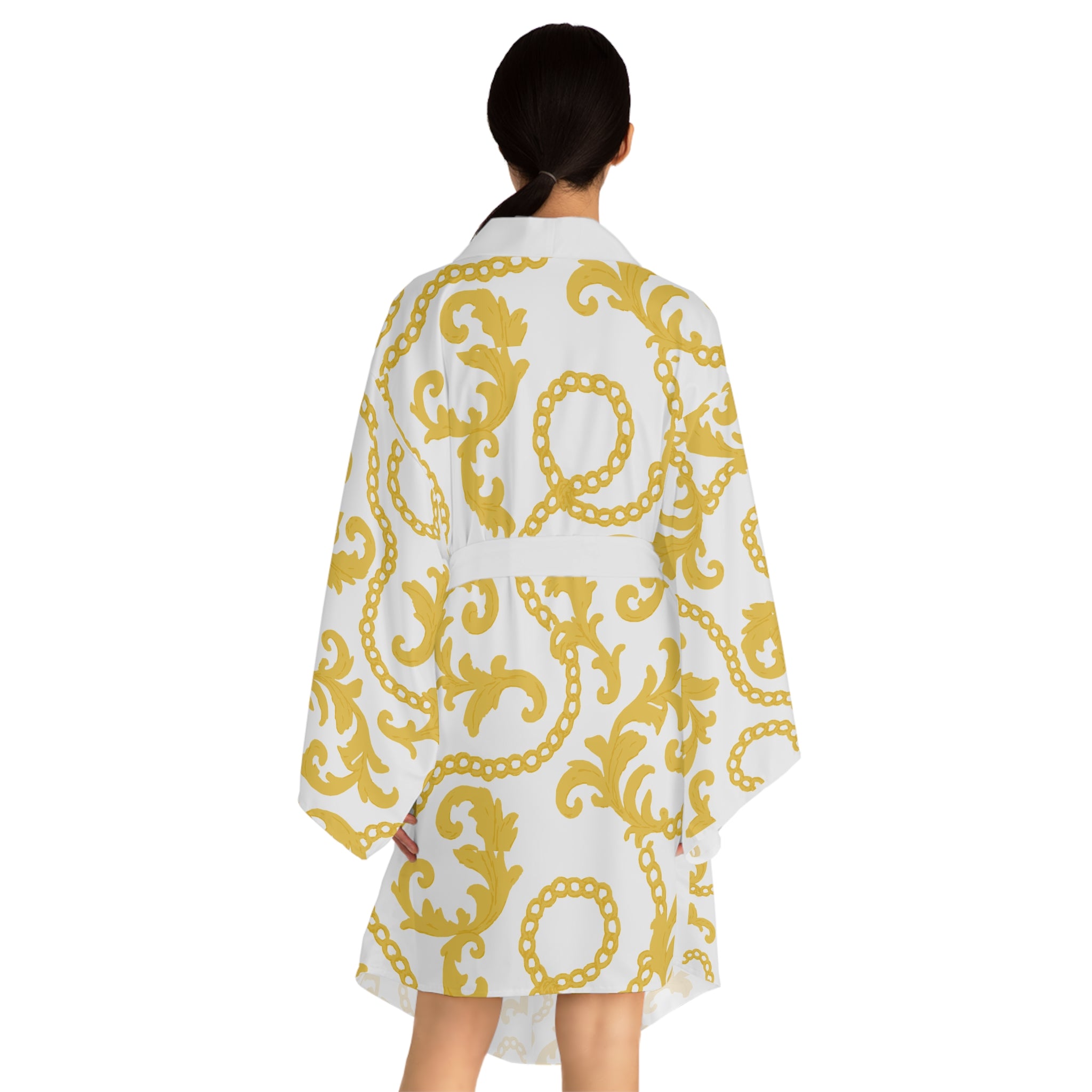 Kimono Robe, Soft Life Glam Chains, yellow/white Bathrobe, Lounge Wear, Silk Robe, Fashion Robe, Spa Robe, Cozy Robe