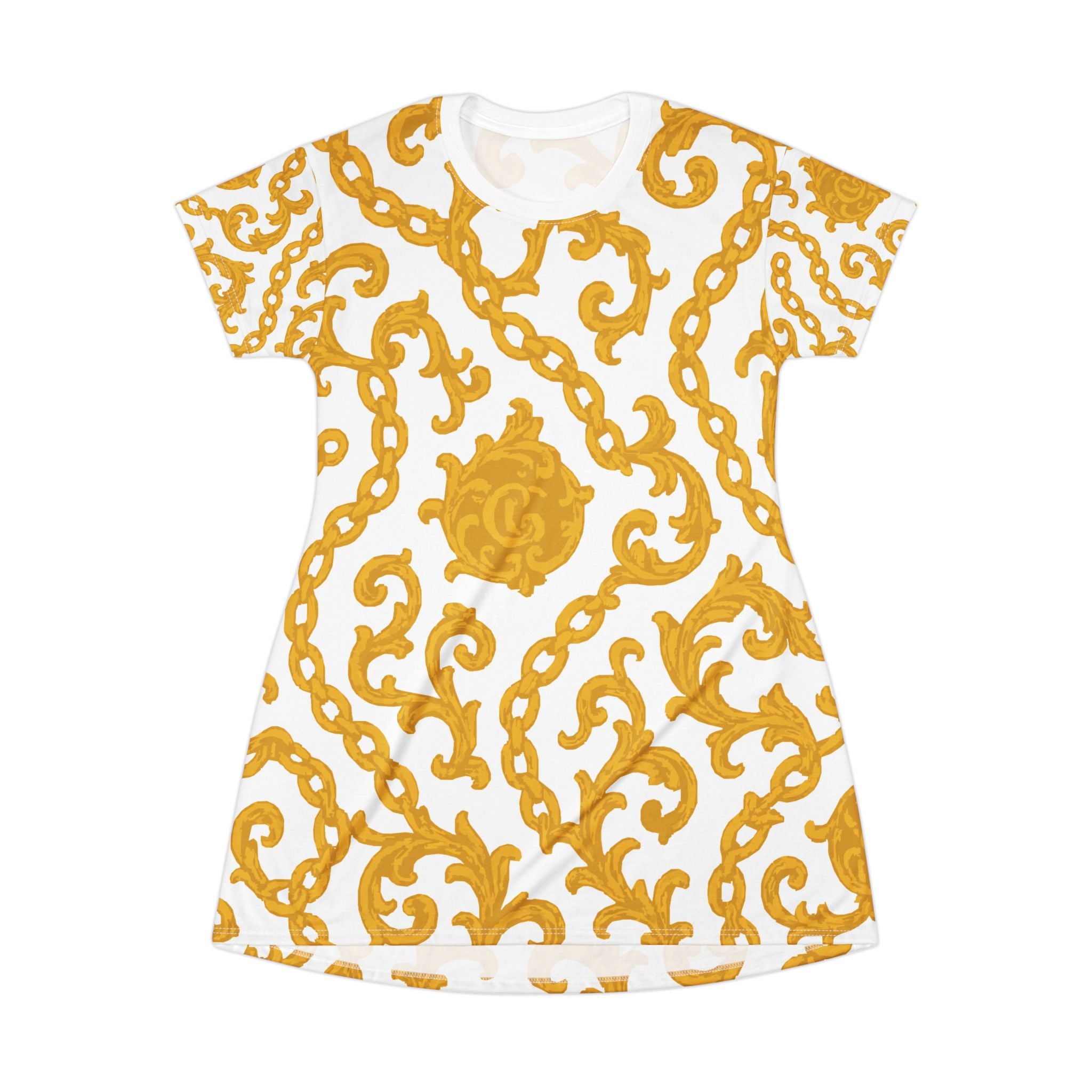 Chic Yellowish Gold Patterned T-Shirt Dress, Trendy Casual Wear, Summer Outfit, Stylish Gift, Everyday Fashion