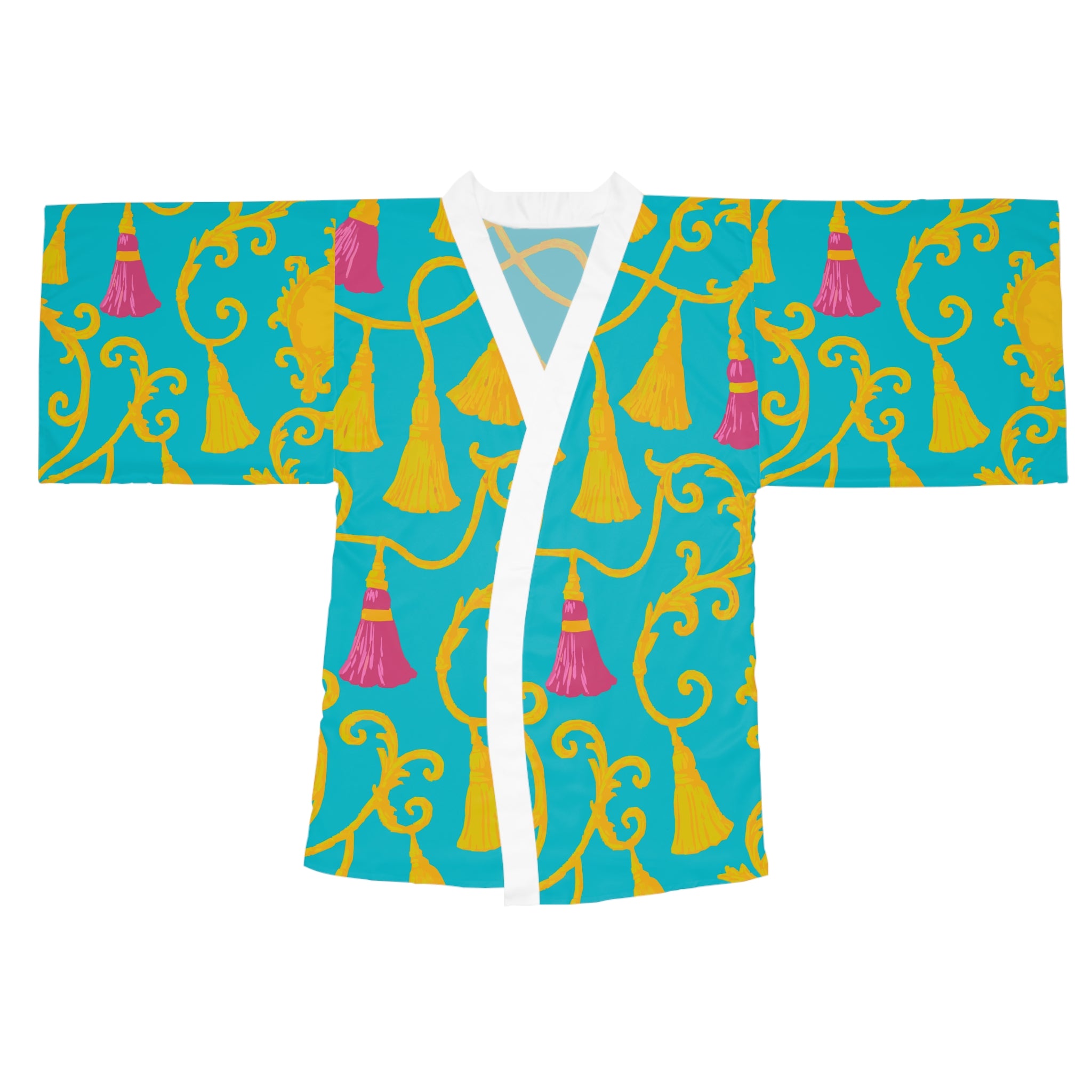 Vibrant Tassel Print Long Sleeve Kimono Robe, Relaxed Lounge Wear, Gift for Her, Beach Cover-Up, Cozy Homewear, Mother's Day, Spa Day