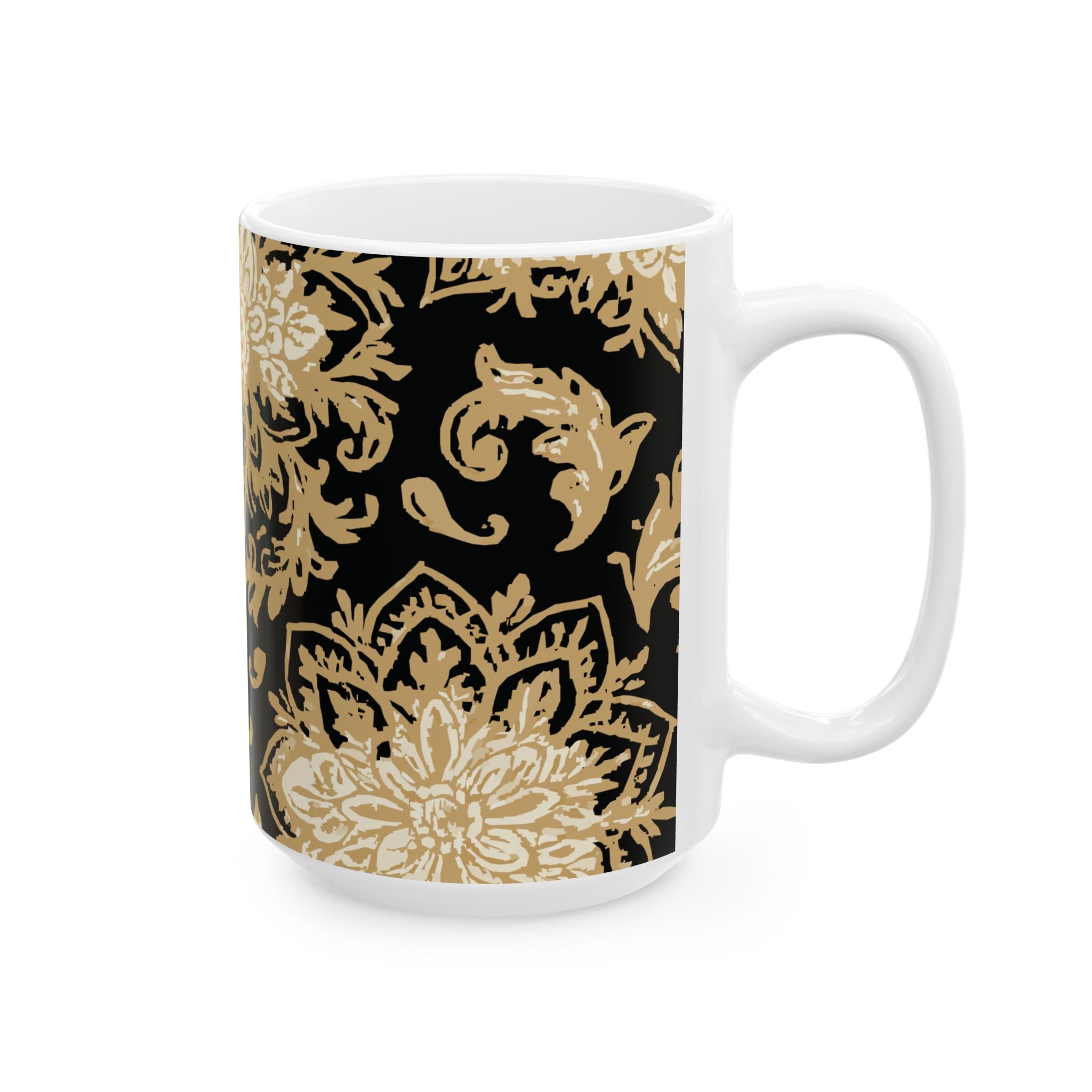Elegant Black & Gold Floral Ceramic Mug - Perfect for Coffee, Tea, Gift, Home, Office Use, 11oz, 15oz