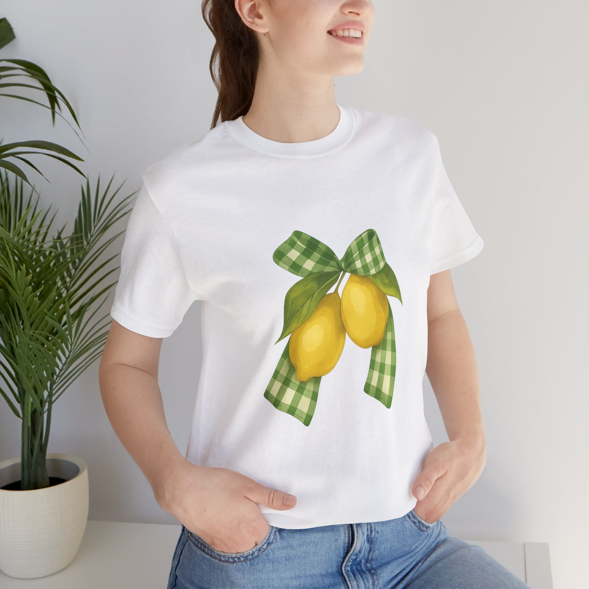 Lemon Bow Tee, Unisex Short Sleeve Shirt, Cute Summer Shirt, Gift for Her, Vintage Style Tee, Lemonade Stand Inspiration