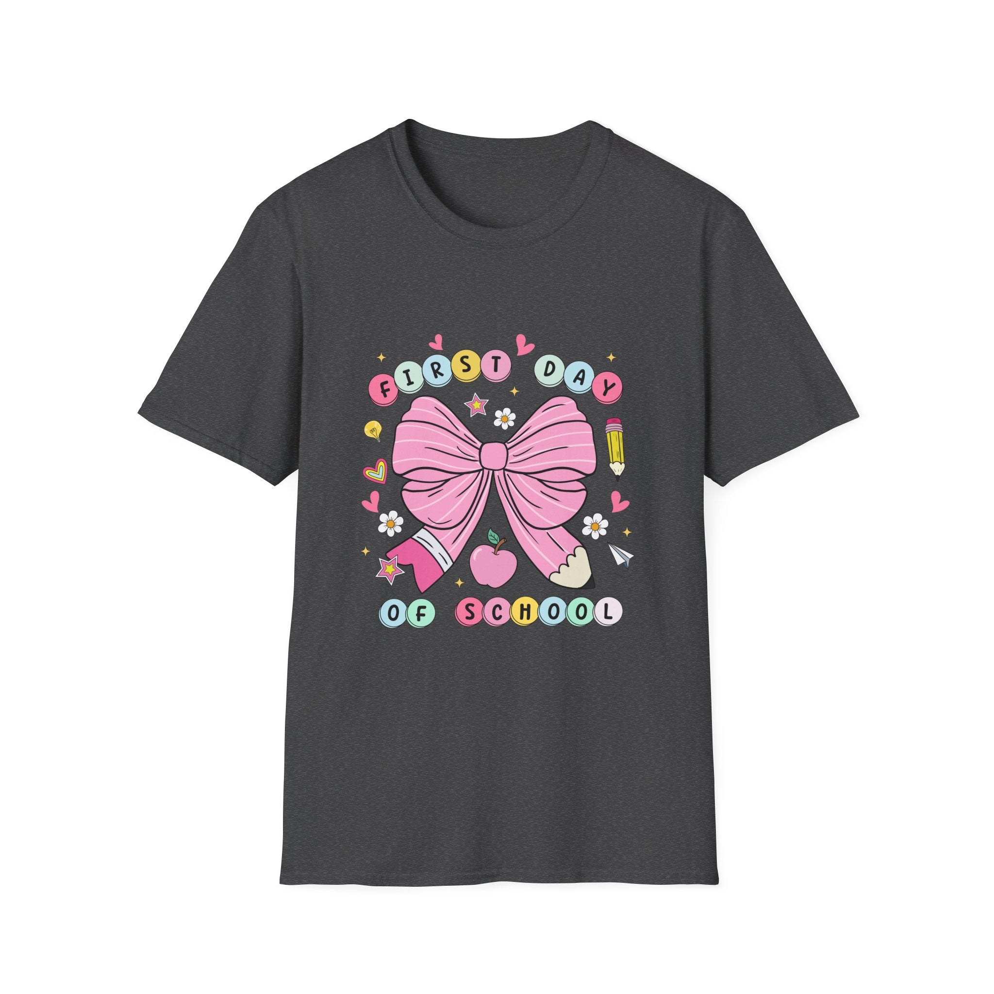 First Day of School Unisex T-Shirt - Cute Kids Tee, Back-to-School Shirt, Gift for Students, Colorful Bow Design, Fun School Apparel