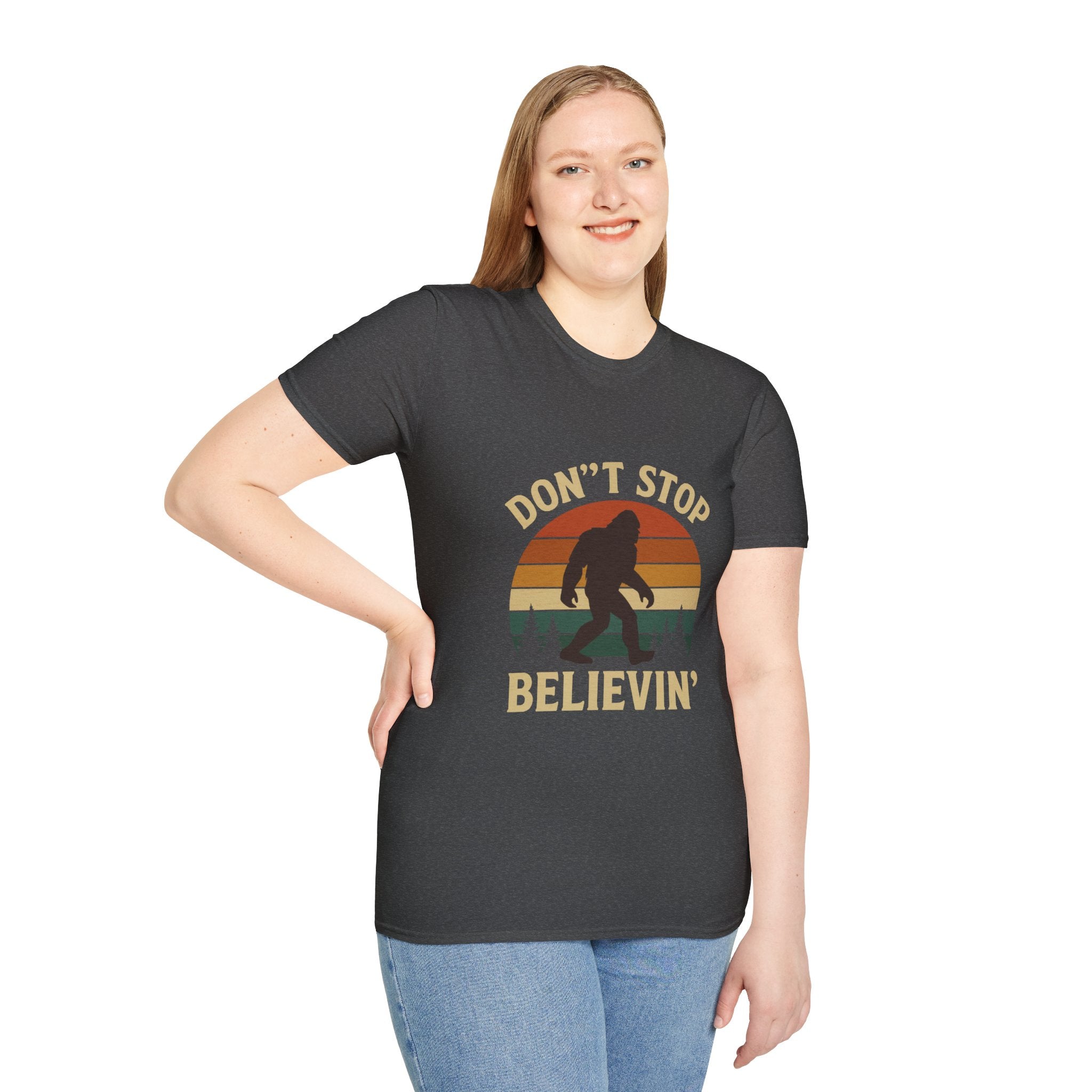 Don't Stop Believin' Unisex Softstyle T-Shirt, Inspirational Tee, Music Lover Gift, Motivational Shirt, Retro Graphic Top