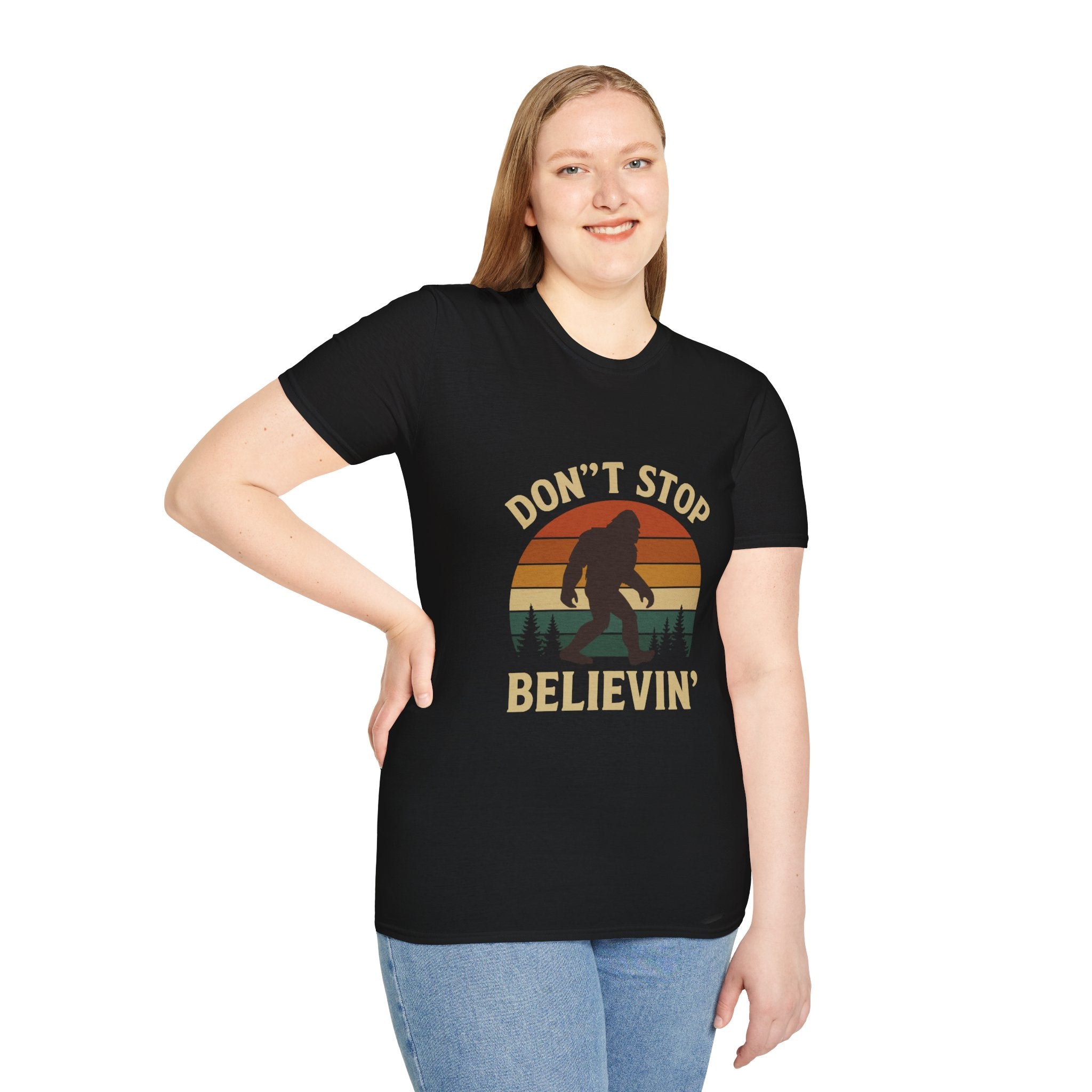 Don't Stop Believin' Unisex Softstyle T-Shirt, Inspirational Tee, Music Lover Gift, Motivational Shirt, Retro Graphic Top