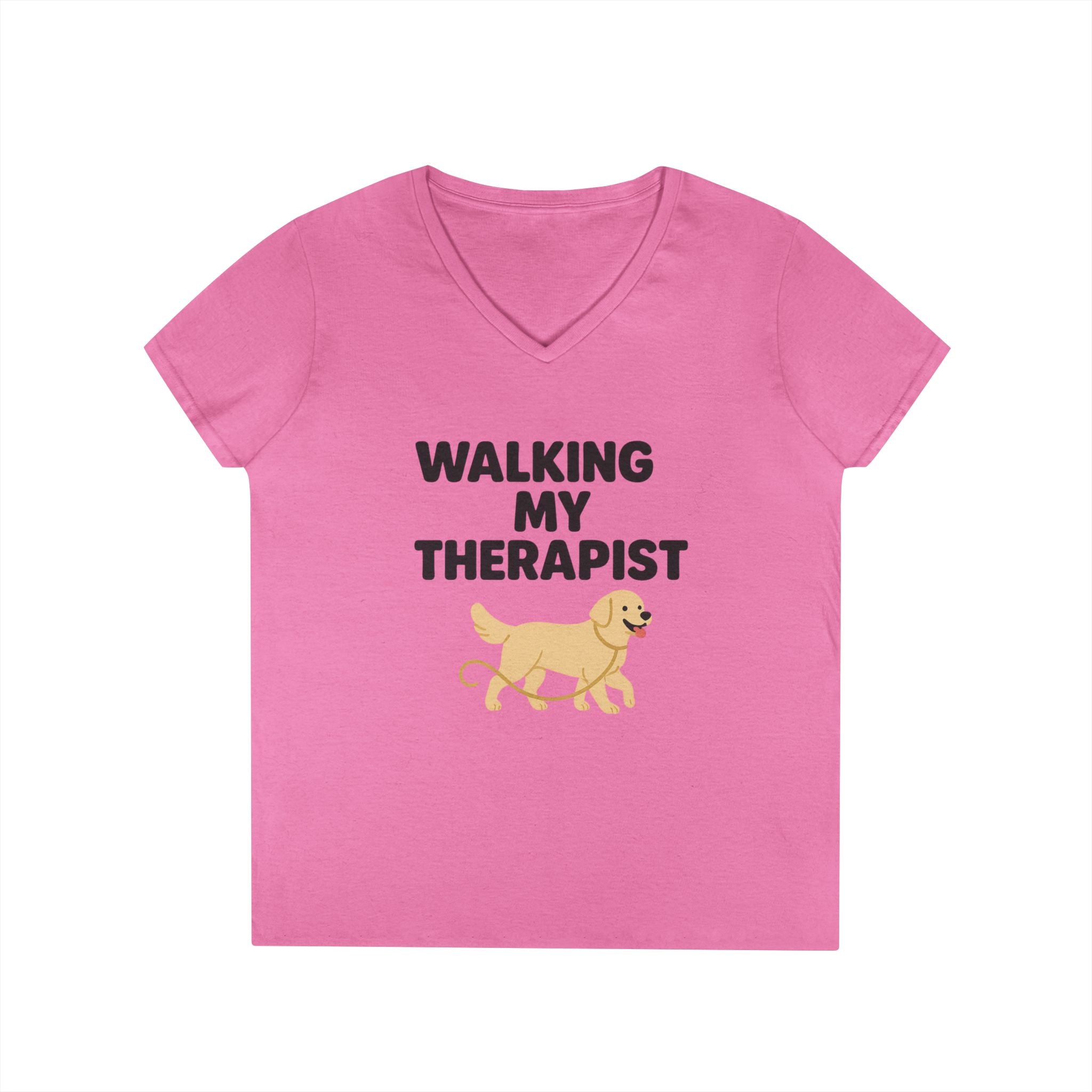 Dog Walking Therapy Ladies' V-Neck T-Shirt, Women's Graphic Tee, Pet Lover Gift, Animal Print Top, Casual Apparel