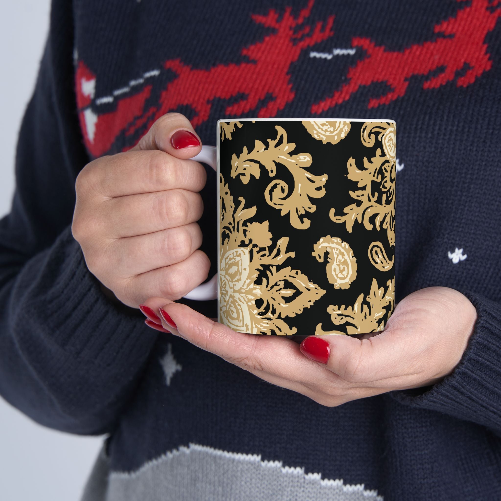 Elegant Black & Gold Floral Ceramic Mug - Perfect for Coffee, Tea, Gift, Home, Office Use, 11oz, 15oz