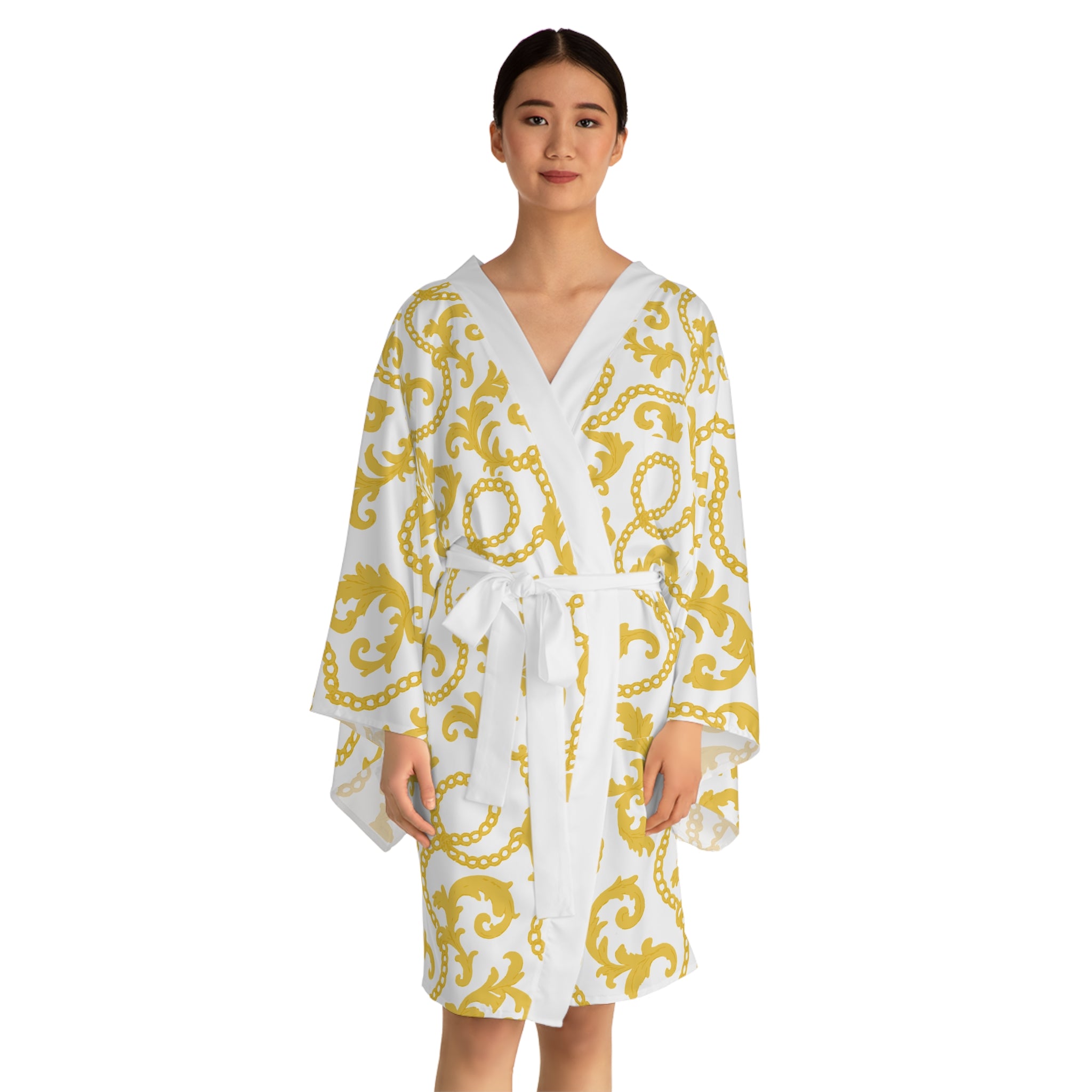 Kimono Robe, Soft Life Glam Chains, yellow/white Bathrobe, Lounge Wear, Silk Robe, Fashion Robe, Spa Robe, Cozy Robe