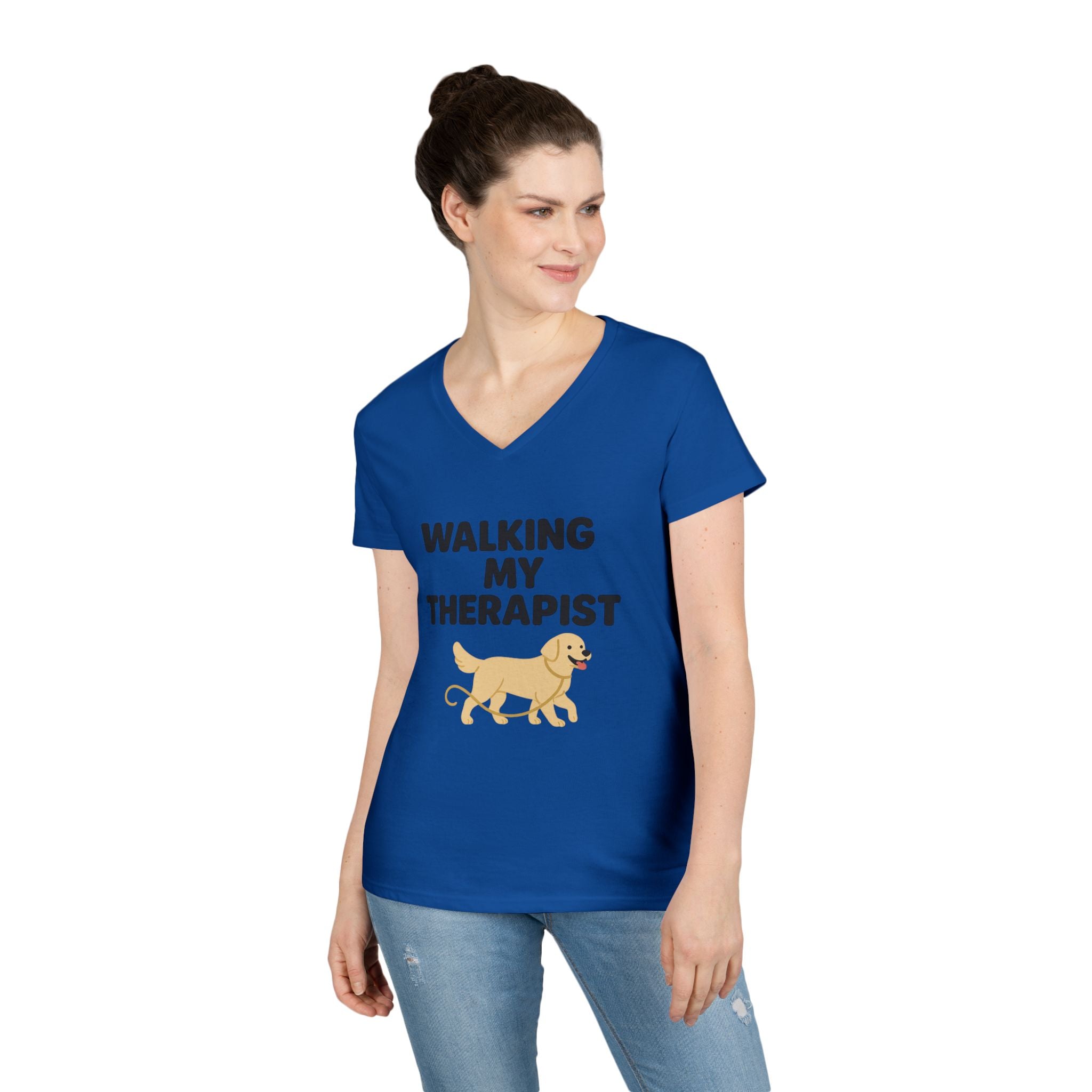Dog Walking Therapy Ladies' V-Neck T-Shirt, Women's Graphic Tee, Pet Lover Gift, Animal Print Top, Casual Apparel