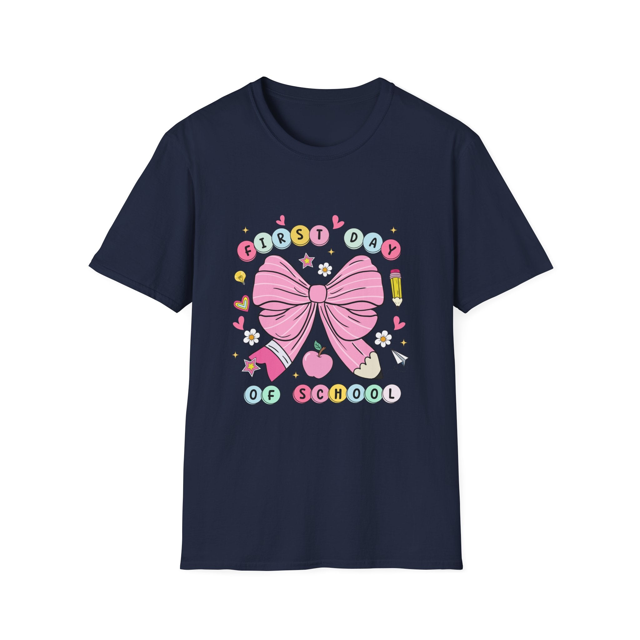 First Day of School Unisex T-Shirt - Cute Kids Tee, Back-to-School Shirt, Gift for Students, Colorful Bow Design, Fun School Apparel