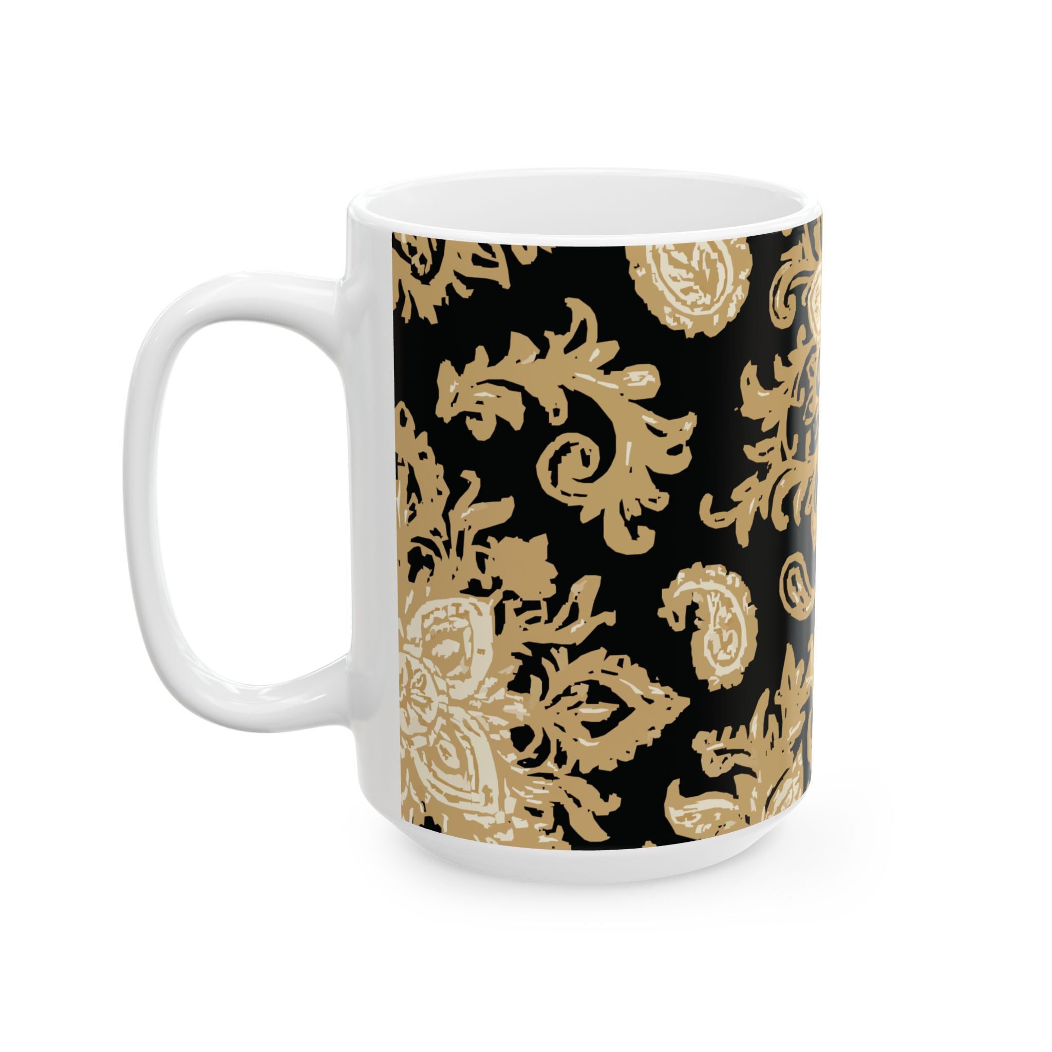 Elegant Black & Gold Floral Ceramic Mug - Perfect for Coffee, Tea, Gift, Home, Office Use, 11oz, 15oz