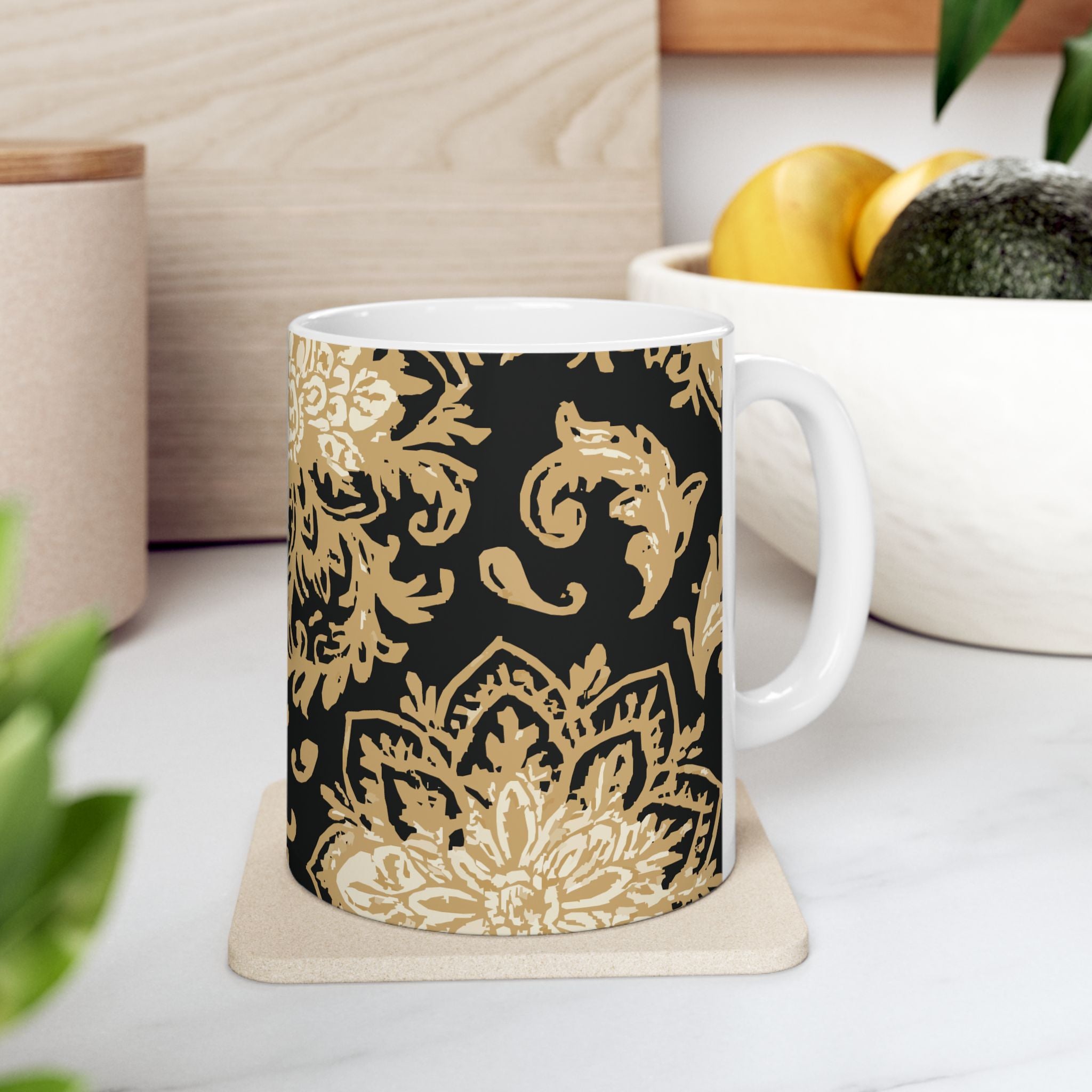 Elegant Black & Gold Floral Ceramic Mug - Perfect for Coffee, Tea, Gift, Home, Office Use, 11oz, 15oz