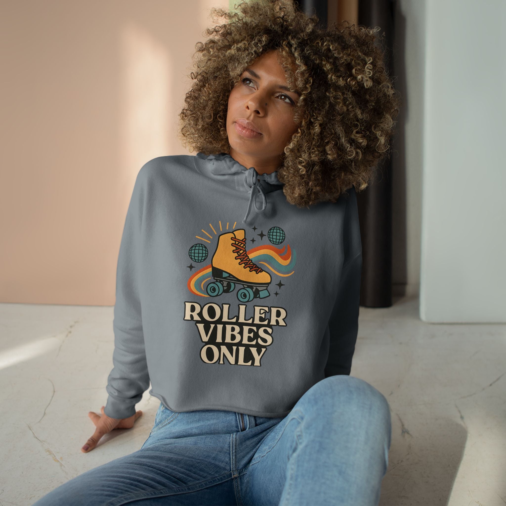 Roller Vibes Crop Hoodie, Retro Skatewear, Gifts for Skaters, Cozy Casual Top, Roller Rink Fashion, 80s Vibe Apparel
