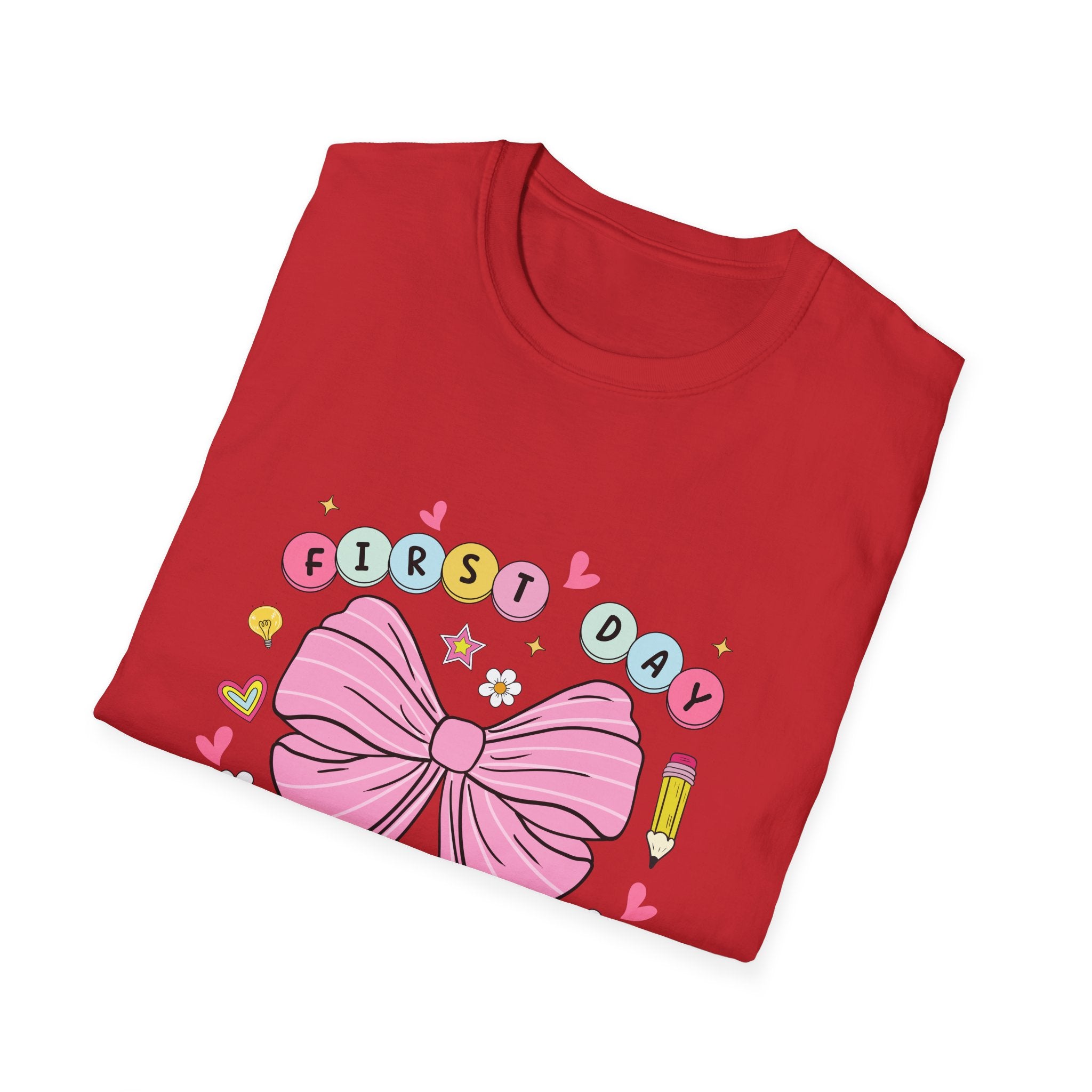 First Day of School Unisex T-Shirt - Cute Kids Tee, Back-to-School Shirt, Gift for Students, Colorful Bow Design, Fun School Apparel
