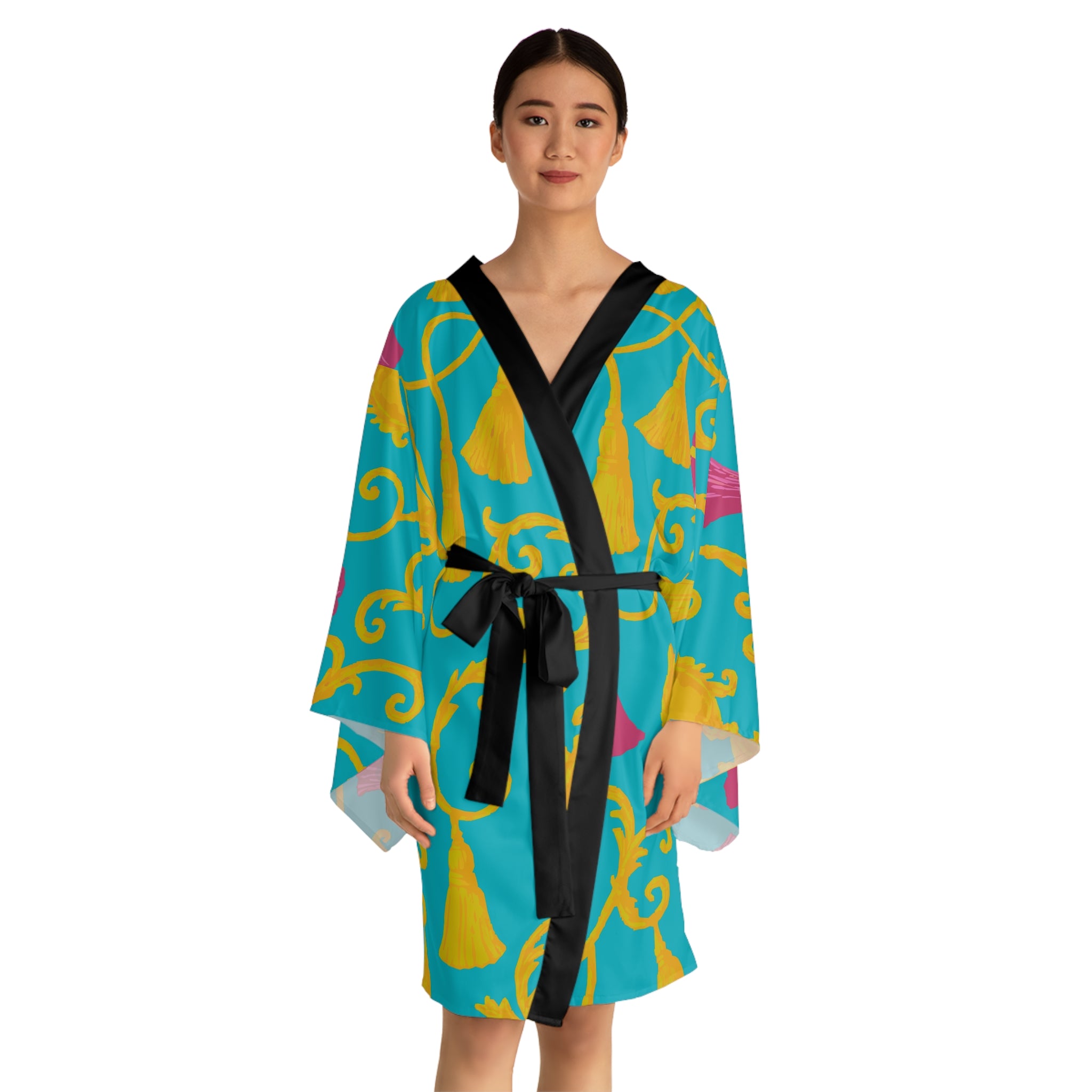 Vibrant Tassel Print Long Sleeve Kimono Robe, Relaxed Lounge Wear, Gift for Her, Beach Cover-Up, Cozy Homewear, Mother's Day, Spa Day