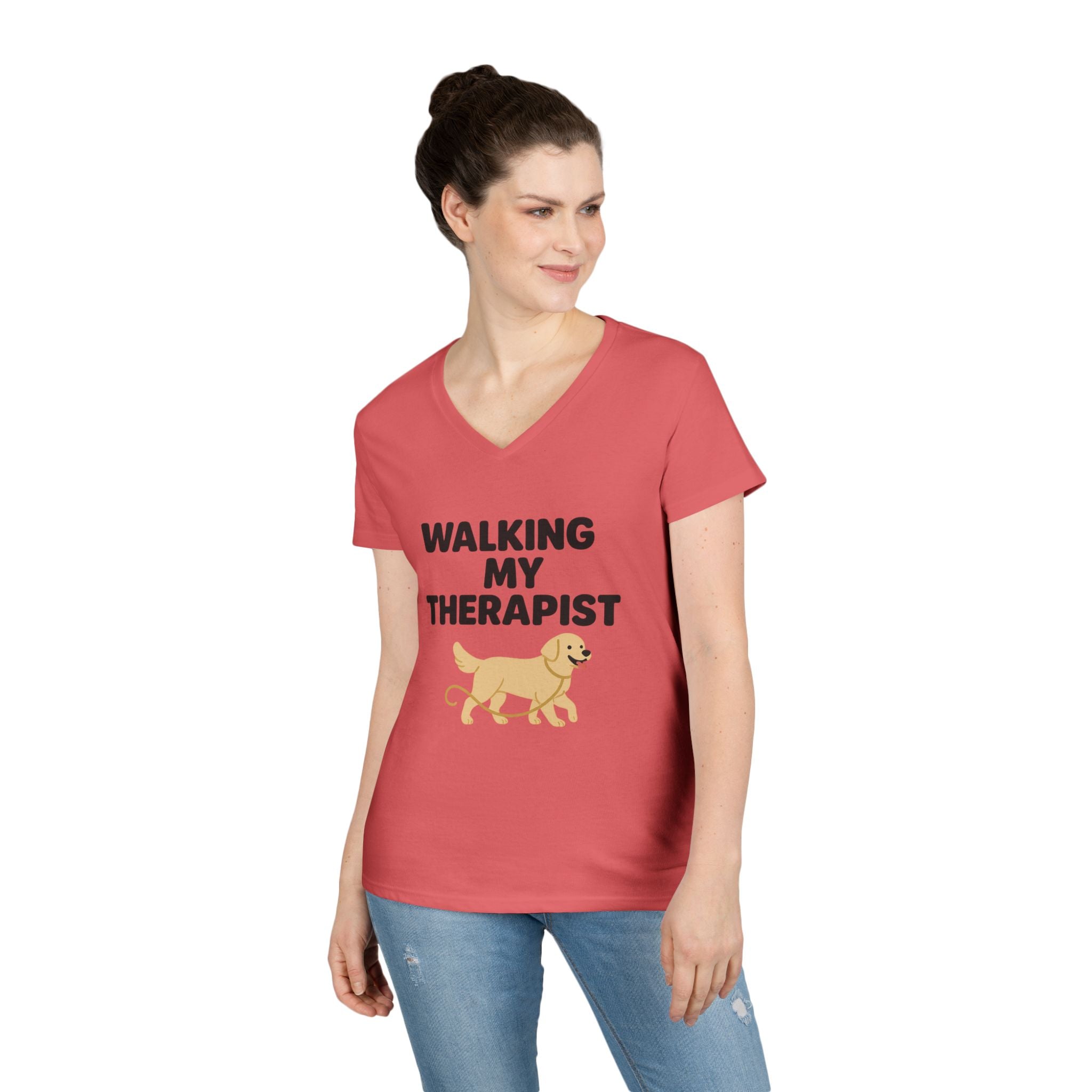 Dog Walking Therapy Ladies' V-Neck T-Shirt, Women's Graphic Tee, Pet Lover Gift, Animal Print Top, Casual Apparel