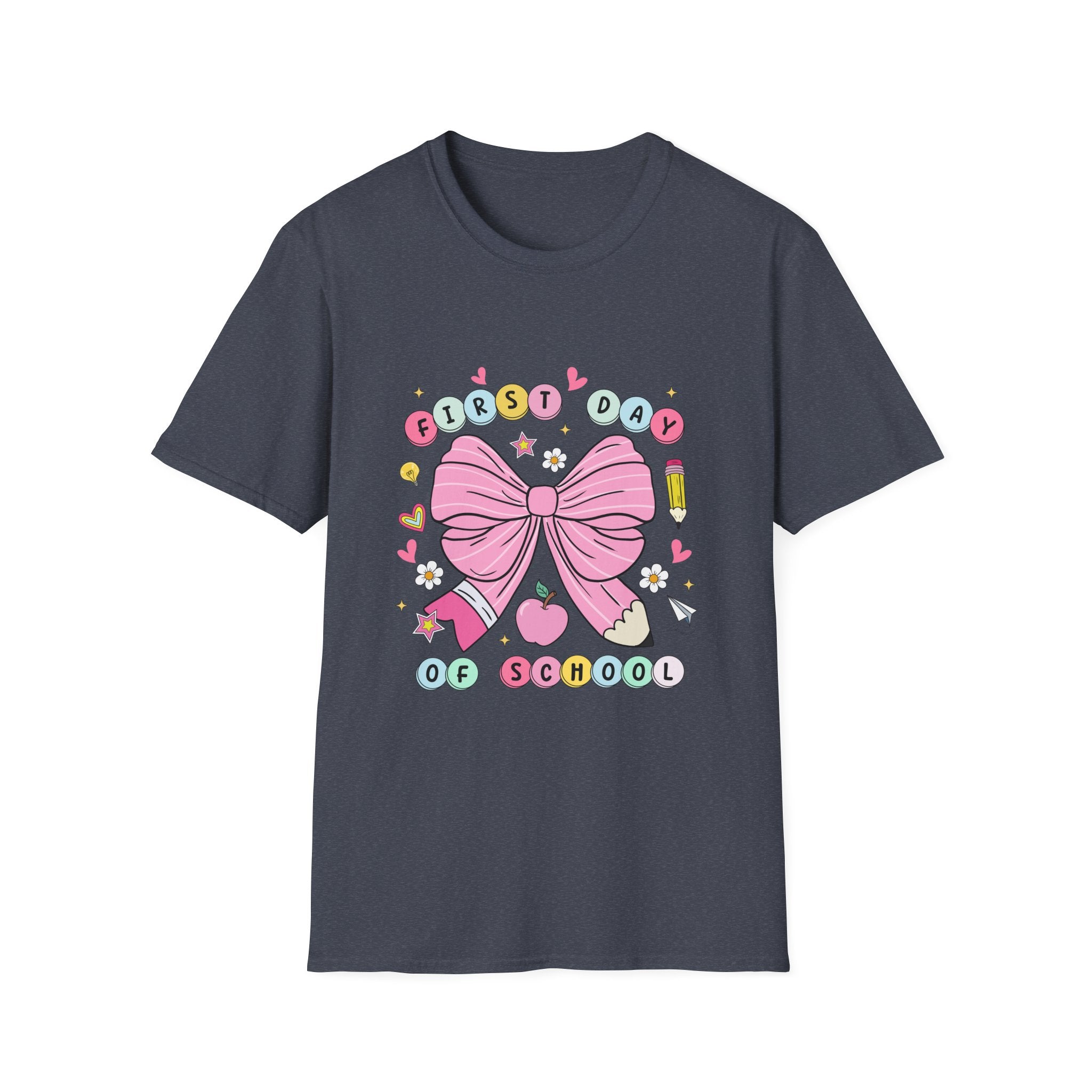 First Day of School Unisex T-Shirt - Cute Kids Tee, Back-to-School Shirt, Gift for Students, Colorful Bow Design, Fun School Apparel