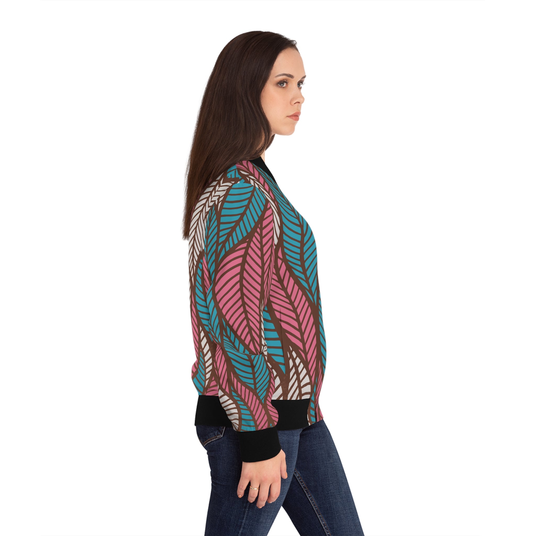 Ankara Women's Bomber Jacket with Leaf Design, Trendy Fall Layering, Stylish Gift for Her, Unique Outfit, Comfortable Fashion Statement