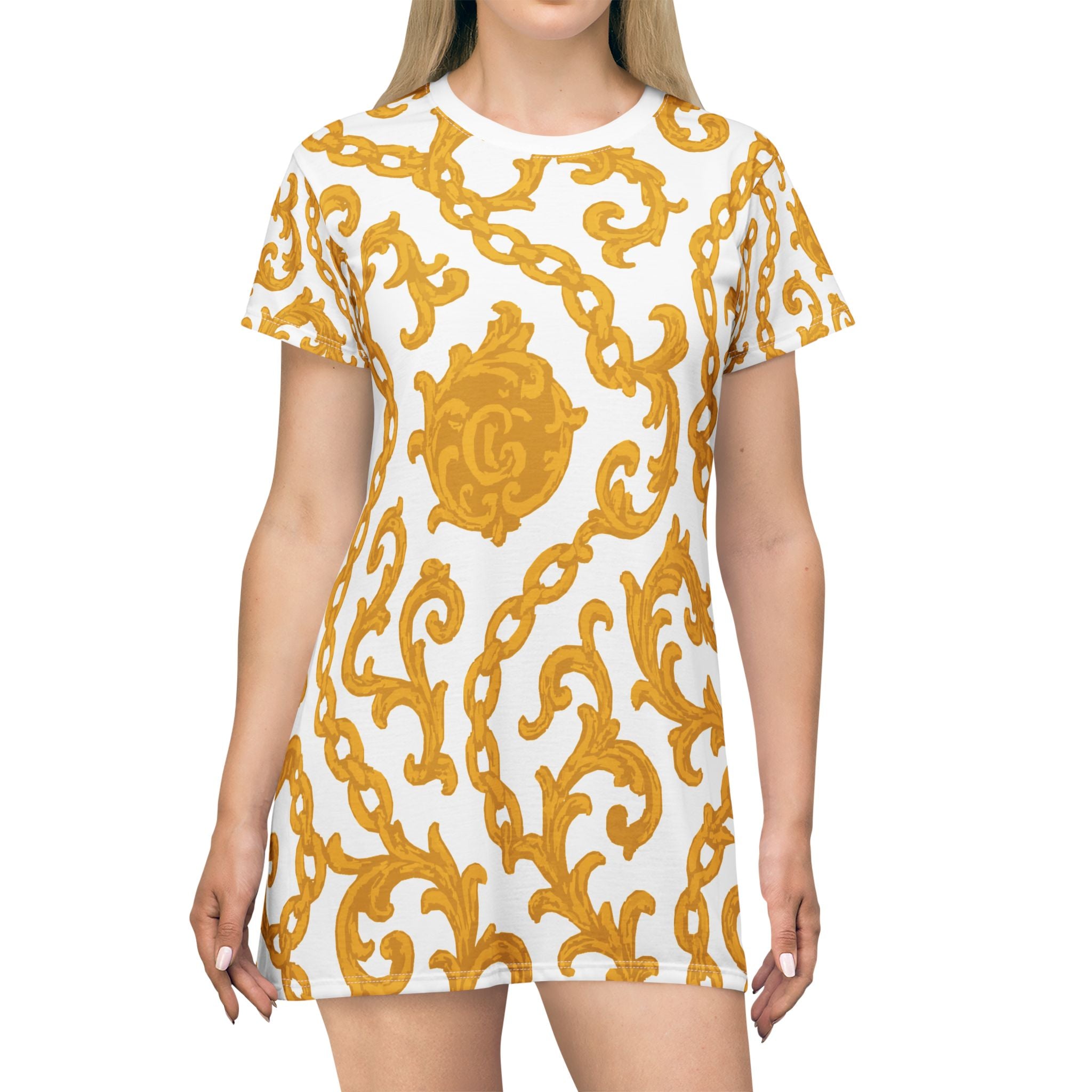 Chic Yellowish Gold Patterned T-Shirt Dress, Trendy Casual Wear, Summer Outfit, Stylish Gift, Everyday Fashion