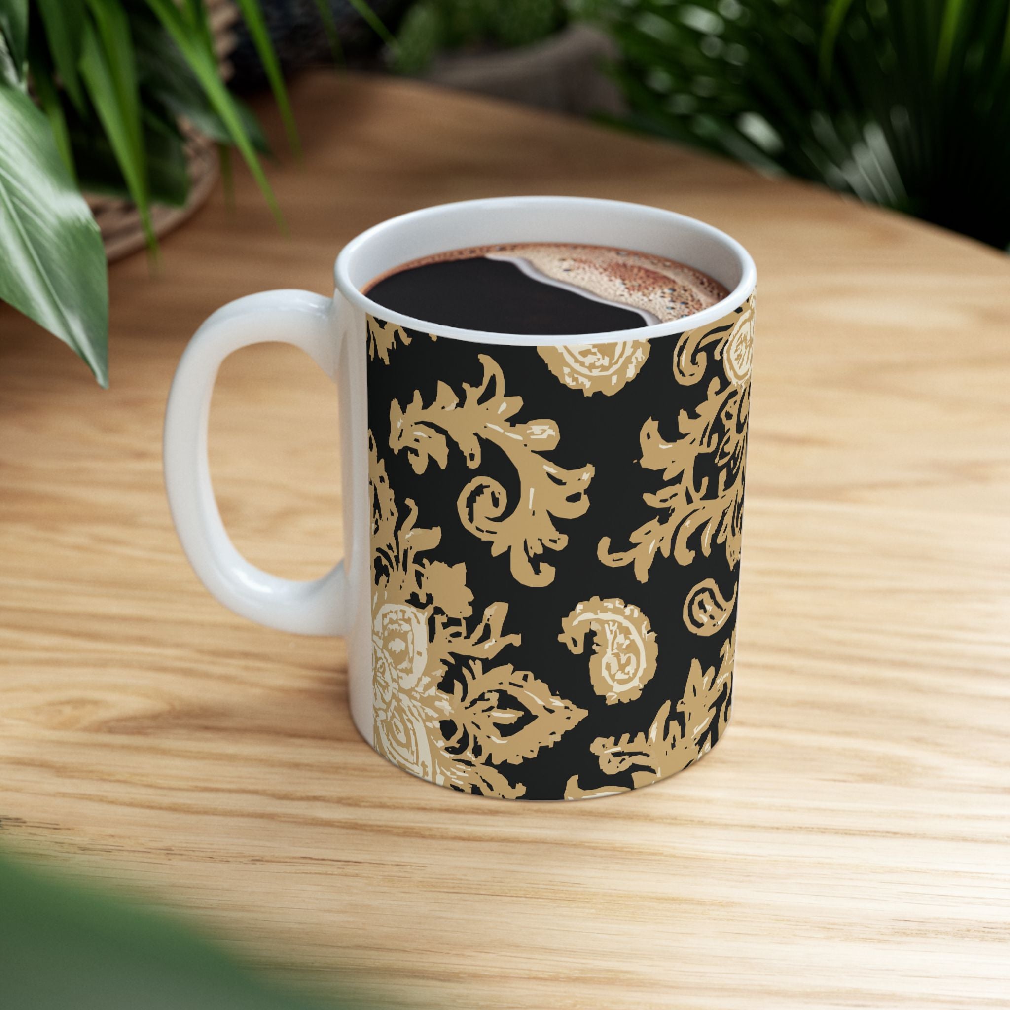 Elegant Black & Gold Floral Ceramic Mug - Perfect for Coffee, Tea, Gift, Home, Office Use, 11oz, 15oz