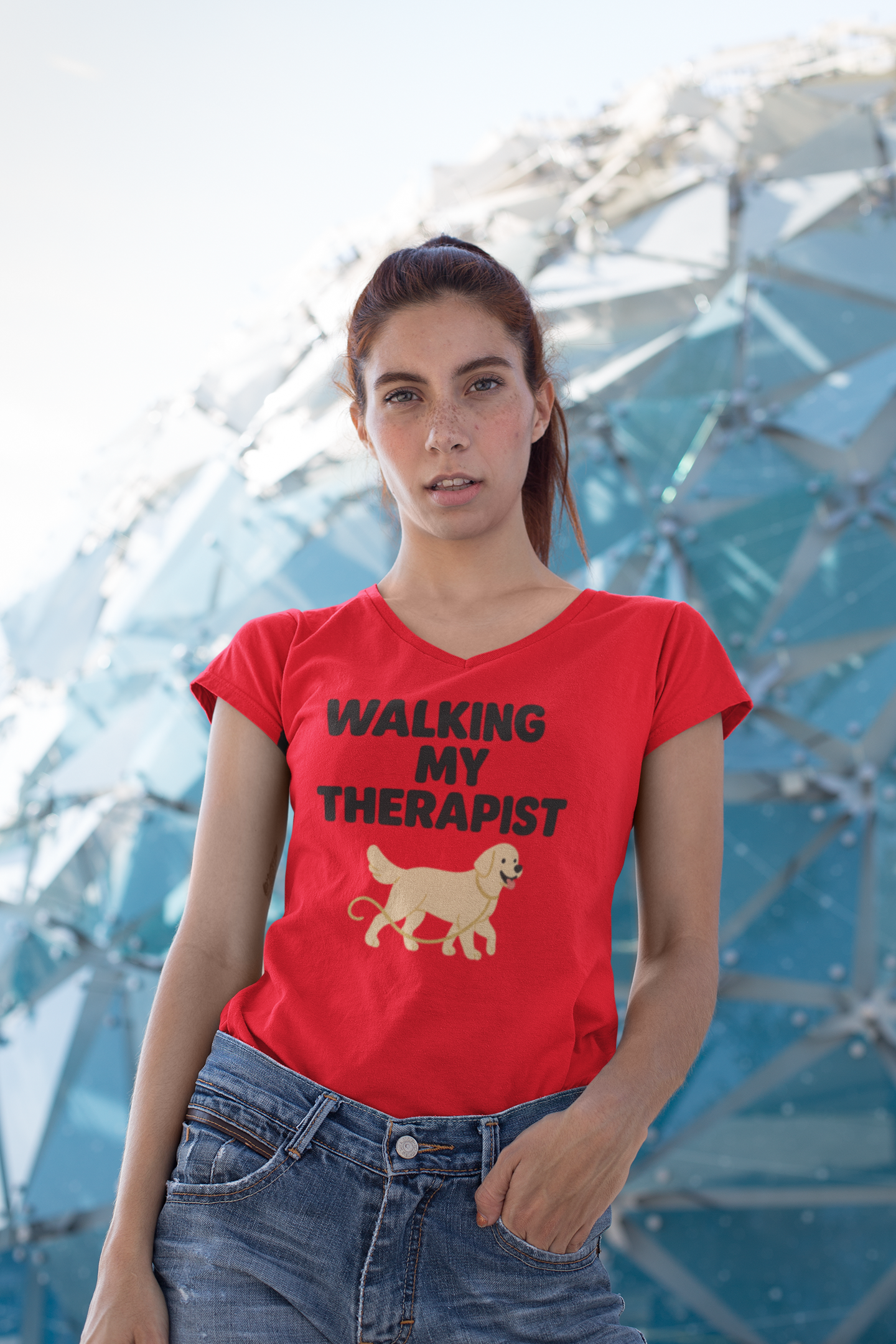 Dog Walking Therapy Ladies' V-Neck T-Shirt, Women's Graphic Tee, Pet Lover Gift, Animal Print Top, Casual Apparel