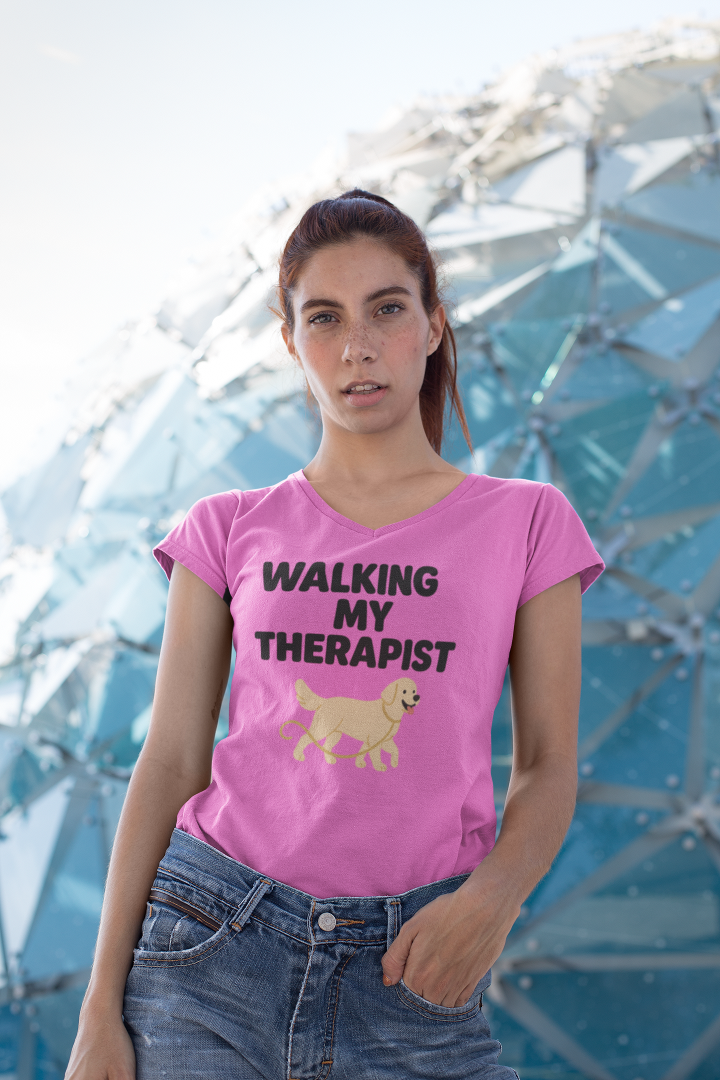 Dog Walking Therapy Ladies' V-Neck T-Shirt, Women's Graphic Tee, Pet Lover Gift, Animal Print Top, Casual Apparel