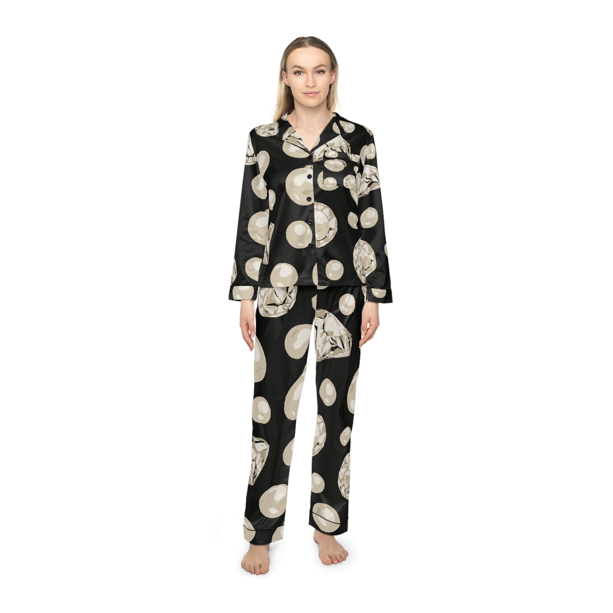 Luxurious Diamond Print Satin Pajamas, Women's Sleepwear, Elegant Loungewear, Cozy Gift for Her, Stylish Pajama Set