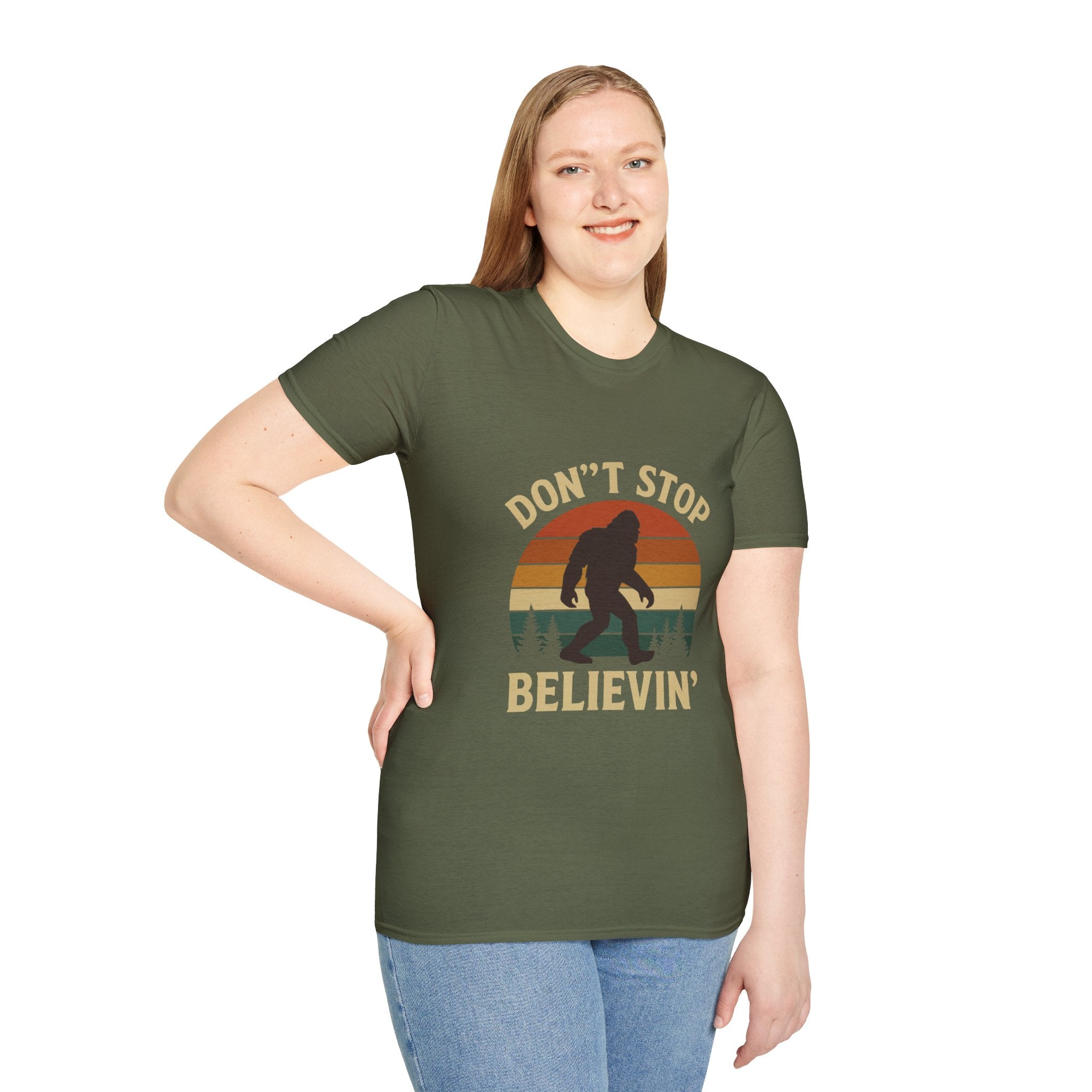 Don't Stop Believin' Unisex Softstyle T-Shirt, Inspirational Tee, Music Lover Gift, Motivational Shirt, Retro Graphic Top