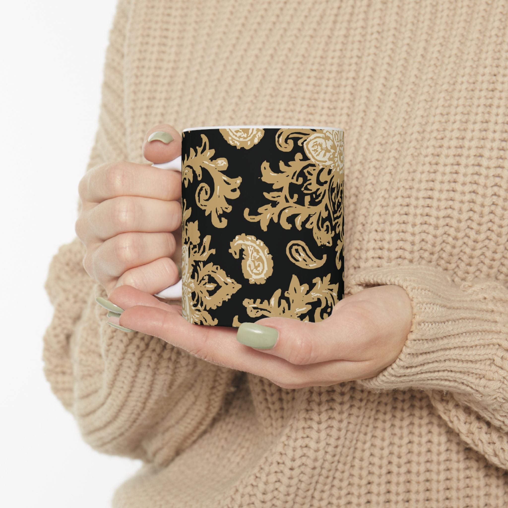 Elegant Black & Gold Floral Ceramic Mug - Perfect for Coffee, Tea, Gift, Home, Office Use, 11oz, 15oz