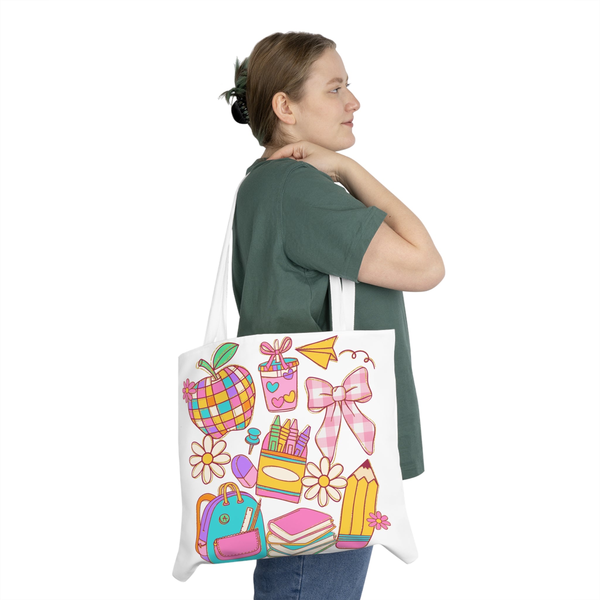 Colorful School Supplies Shoulder Tote Bag | Back to School, Shopping, Gym, Eco-Friendly, Beach Tote