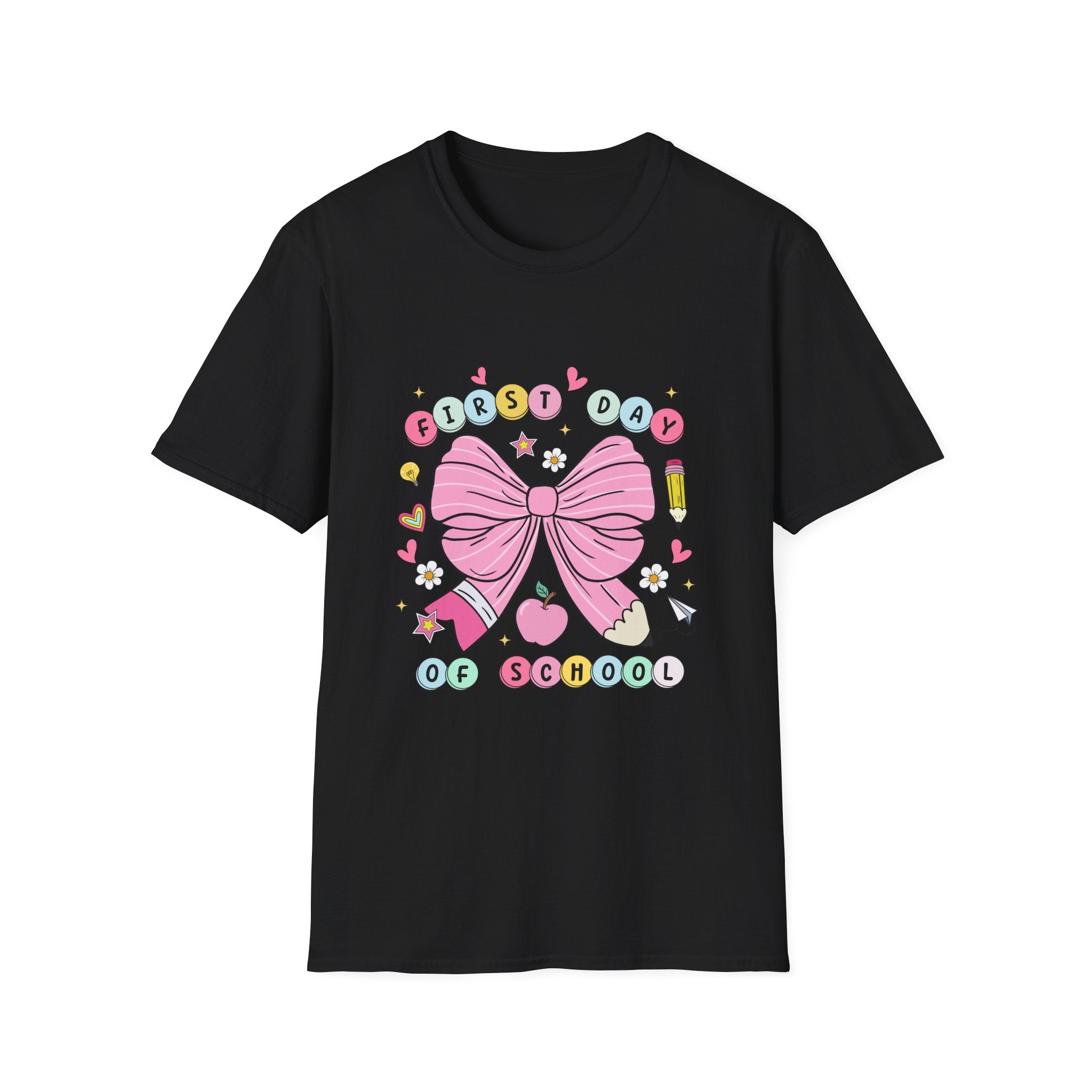 First Day of School Unisex T-Shirt - Cute Kids Tee, Back-to-School Shirt, Gift for Students, Colorful Bow Design, Fun School Apparel