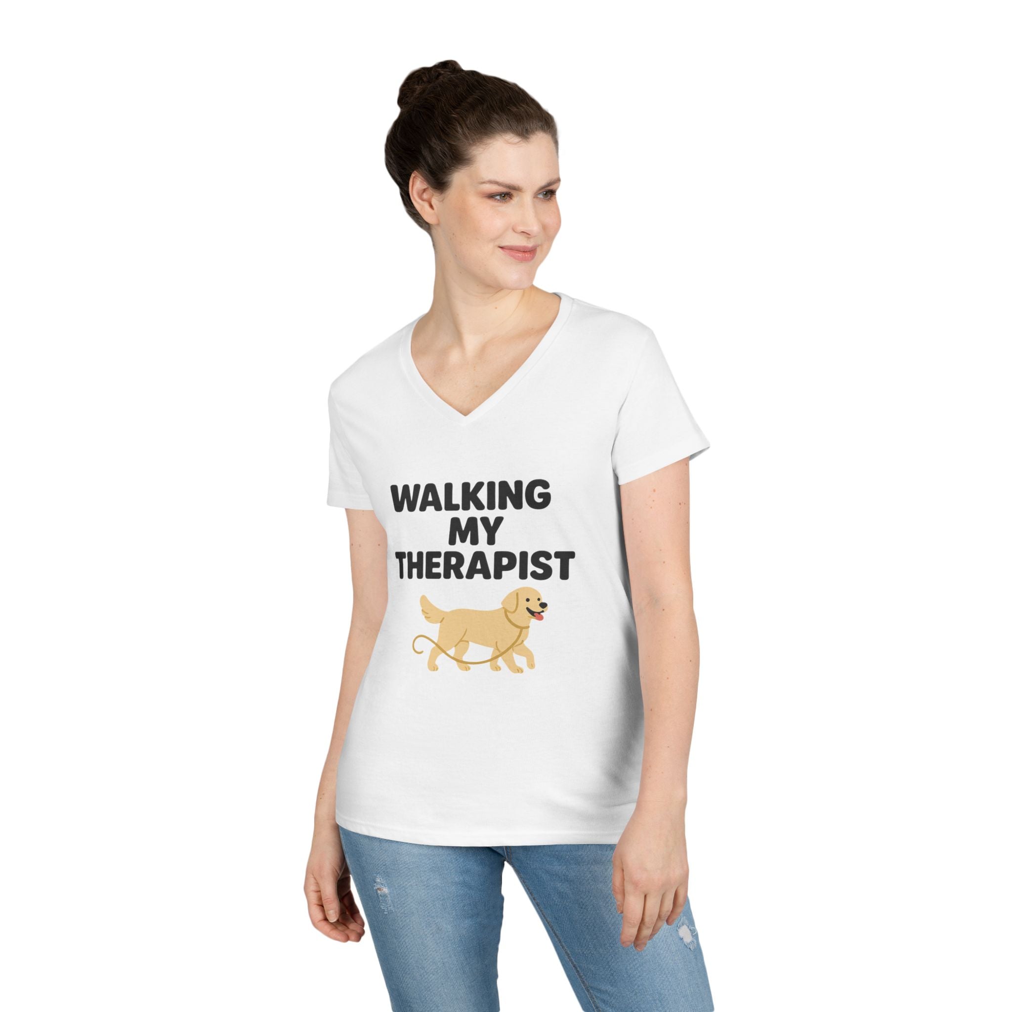 Dog Walking Therapy Ladies' V-Neck T-Shirt, Women's Graphic Tee, Pet Lover Gift, Animal Print Top, Casual Apparel