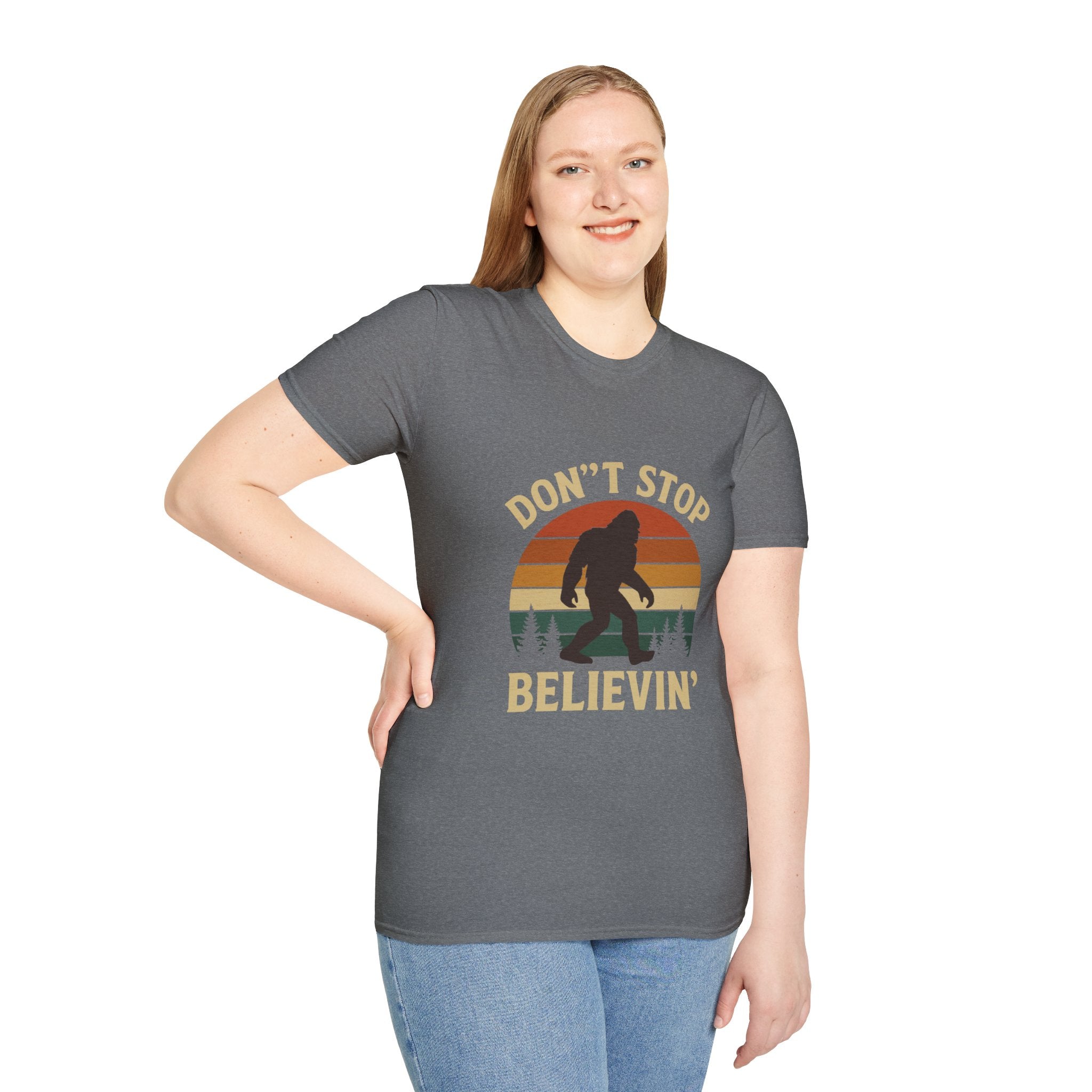 Don't Stop Believin' Unisex Softstyle T-Shirt, Inspirational Tee, Music Lover Gift, Motivational Shirt, Retro Graphic Top