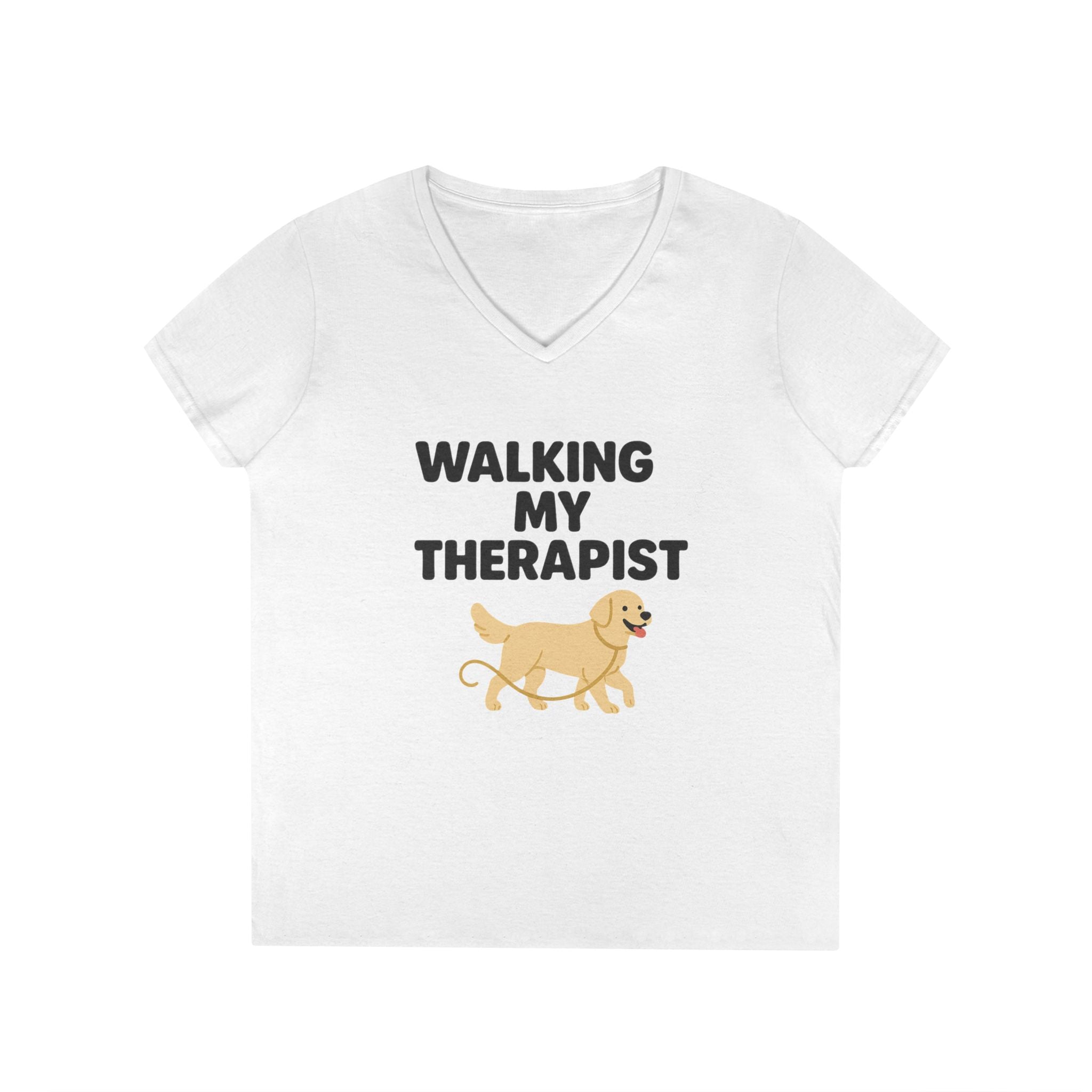 Dog Walking Therapy Ladies' V-Neck T-Shirt, Women's Graphic Tee, Pet Lover Gift, Animal Print Top, Casual Apparel