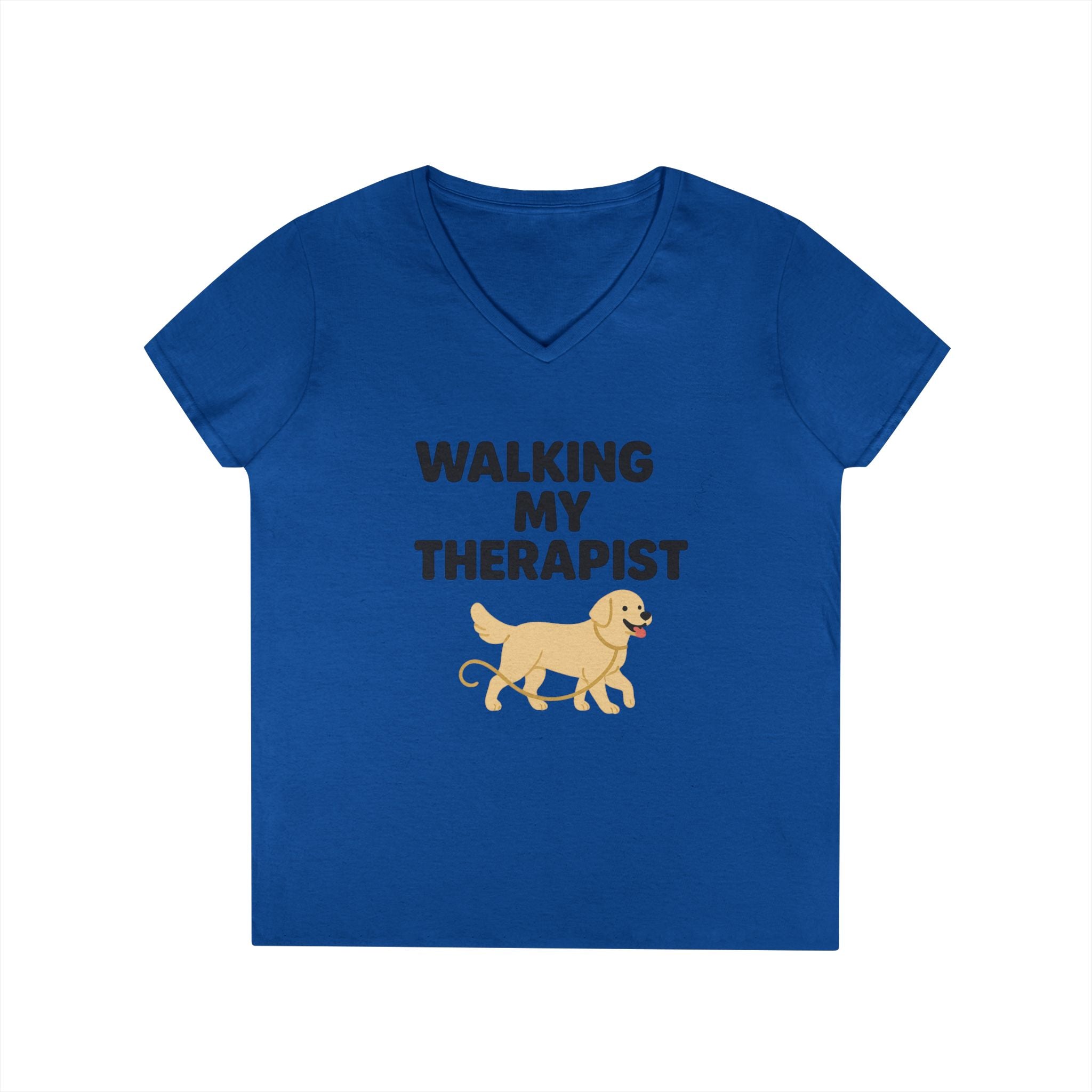 Dog Walking Therapy Ladies' V-Neck T-Shirt, Women's Graphic Tee, Pet Lover Gift, Animal Print Top, Casual Apparel