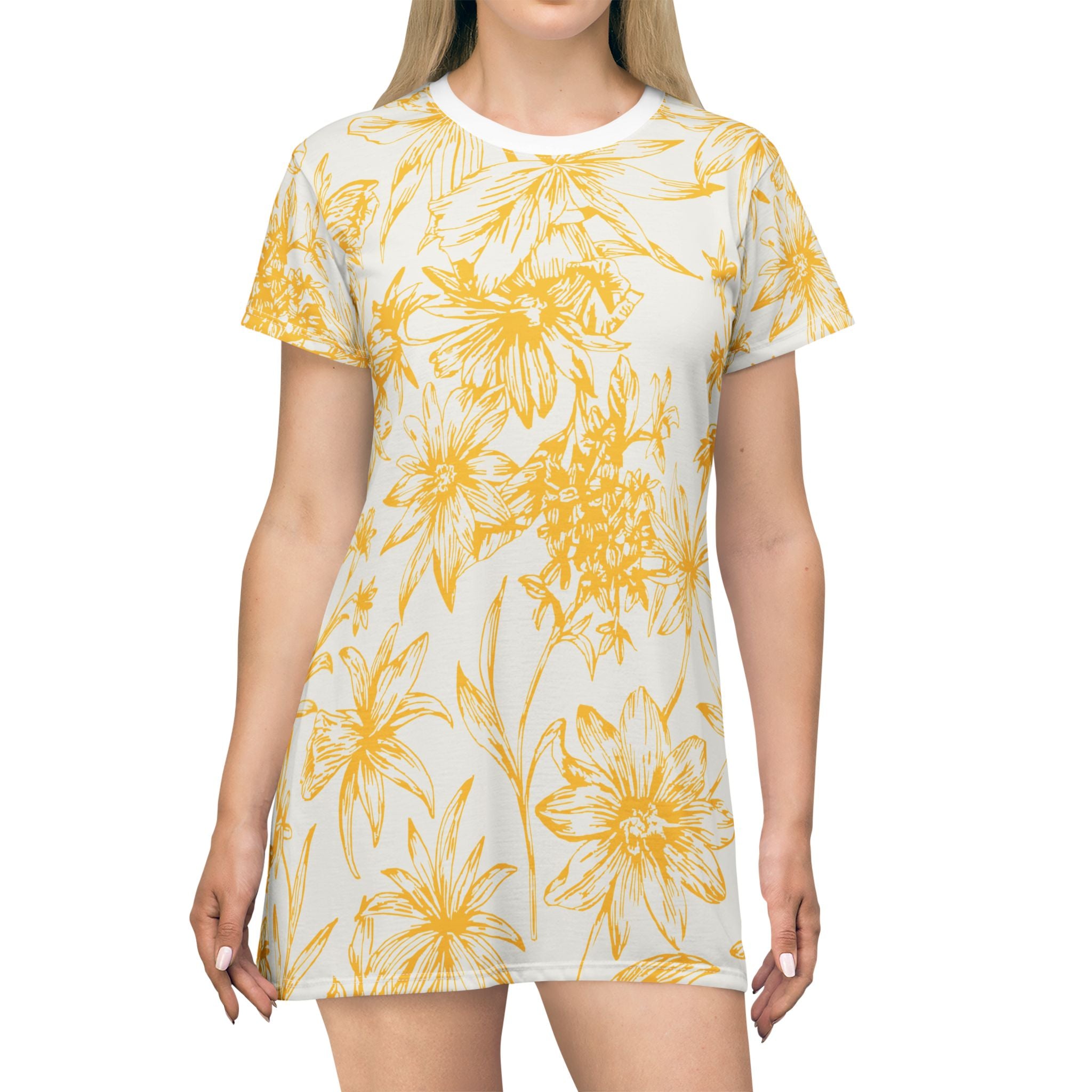 Yellow Floral AOP T-Shirt Dress, Casual Summer Dress, Boho Dress, Gift for Her, Beach Outfit, Vacation Wear
